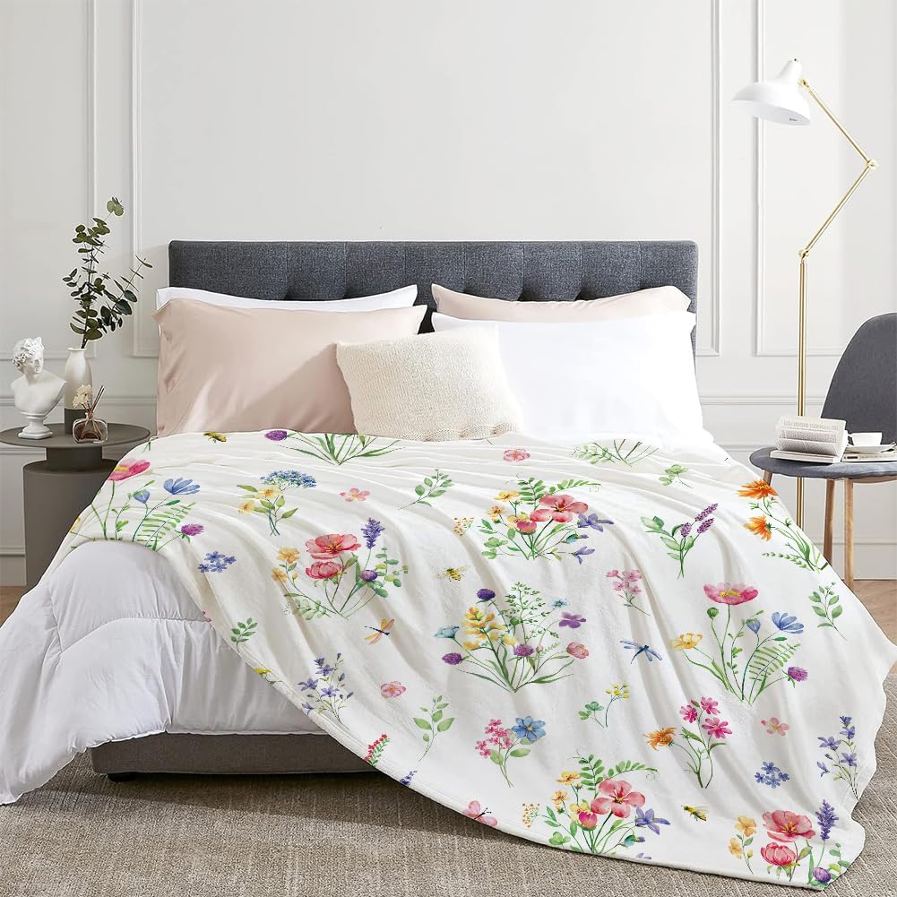 Colorful Wildflowers Throw Blanket Botanical Plant Bed Blanket Watercolor Floral Flower Blankets Soft Flannel Fleece Throw Blanket Boho Cozy Fluffy Plush Blankets 60" X 80"