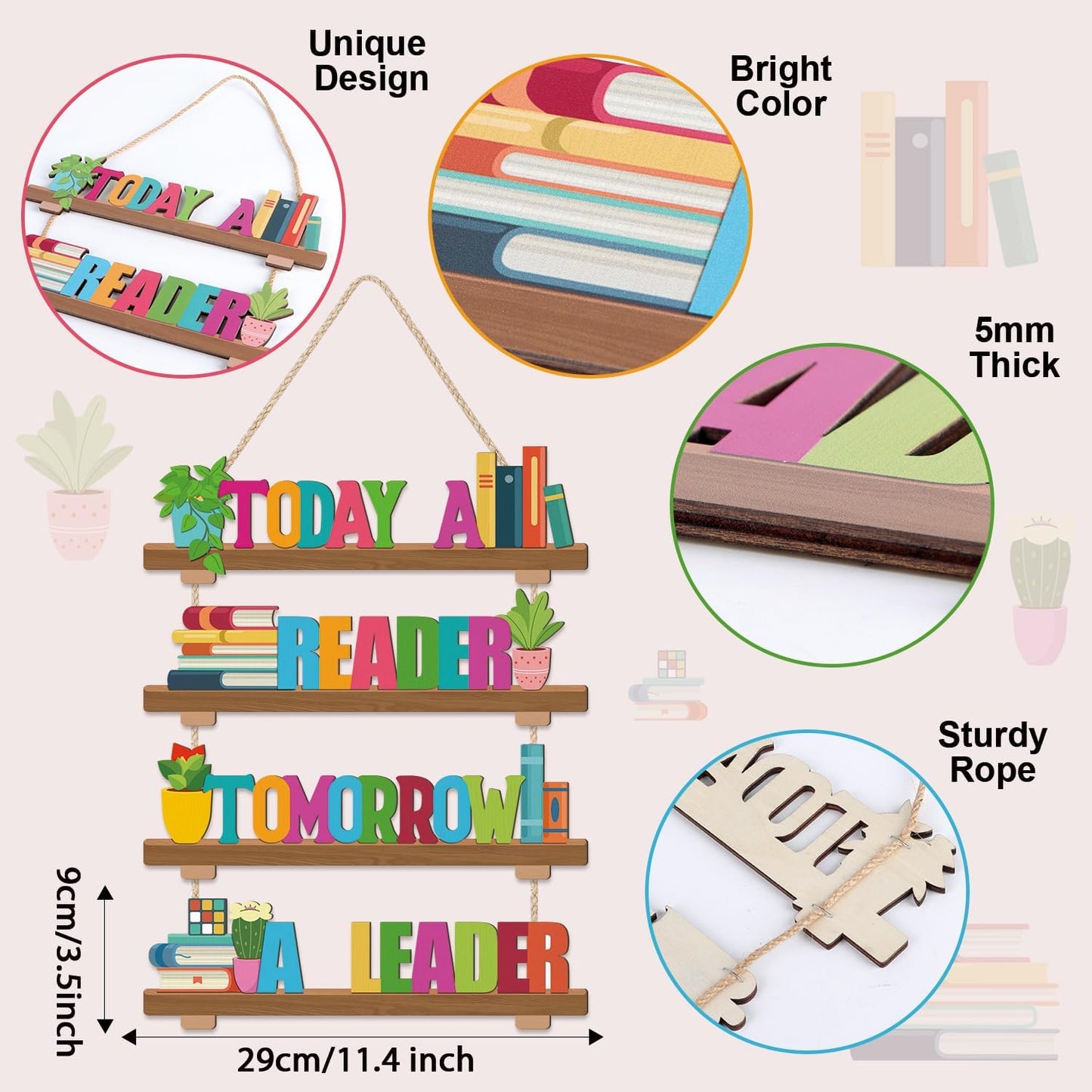 HOURIA Today a Reader Tomorrow a Leader Classroom Library Decor, Inspirational Positive Quotes Wall Decor, Educational Reading Learning Books Wall Hanging for School Classroom Bedroom