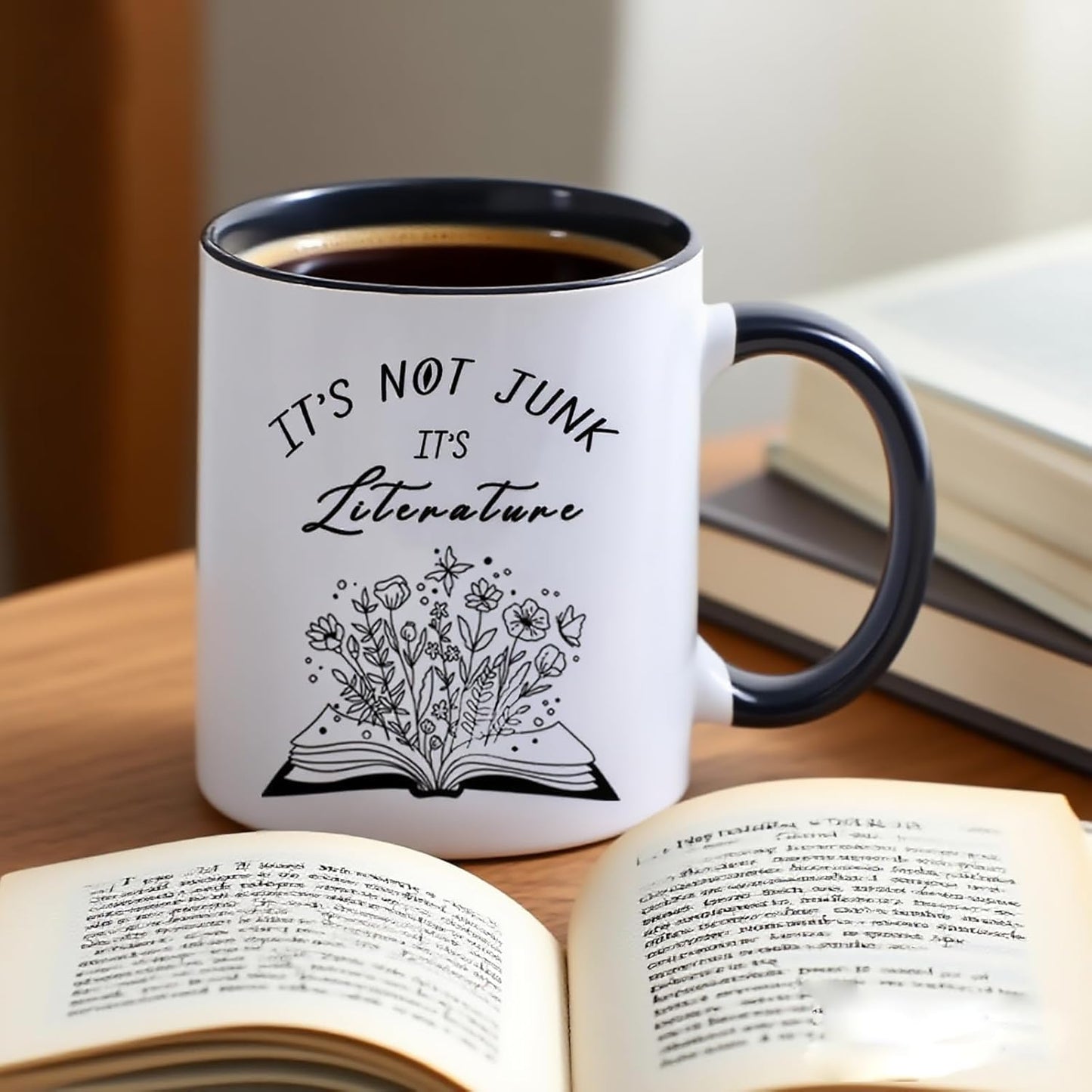 Funny Book Lover Coffee Mug, “It’s Not Junk It’s Literature” Ceramic Cup Gift for Readers, Writers, Teachers, Students, Bibliophiles, Book Club, Office Desk, 11 oz Novelty Cup