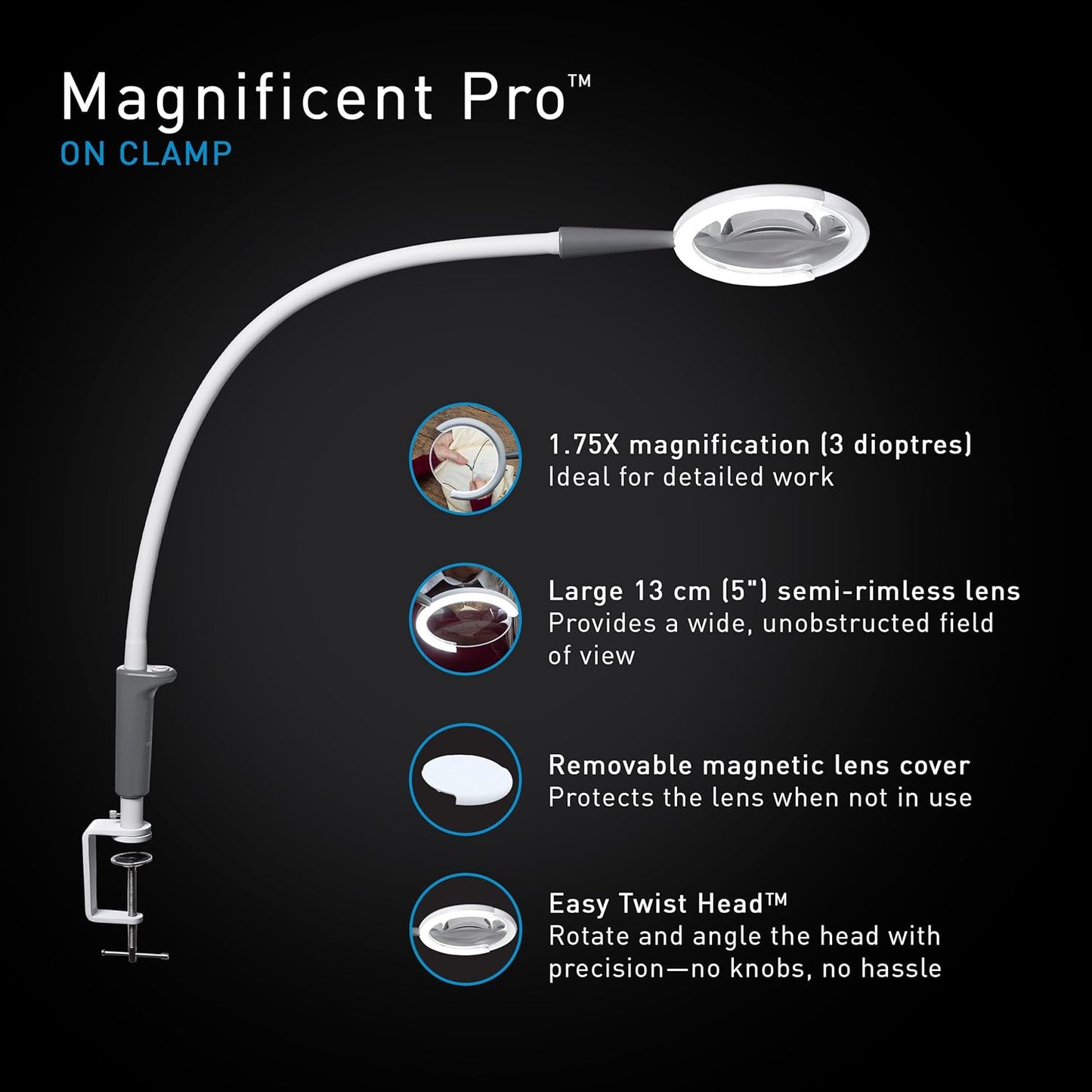 Daylight Magnificent Pro™ LED Magnifying Lamp with Clamp – 2-in-1 Task Light & Magnifier, 5,500 Lux at 6", 5" 1.75X Lens, 3 Brightness Levels, Flexible 26" Arm, 95+ CRI, Easy Twist Head – White/Grey