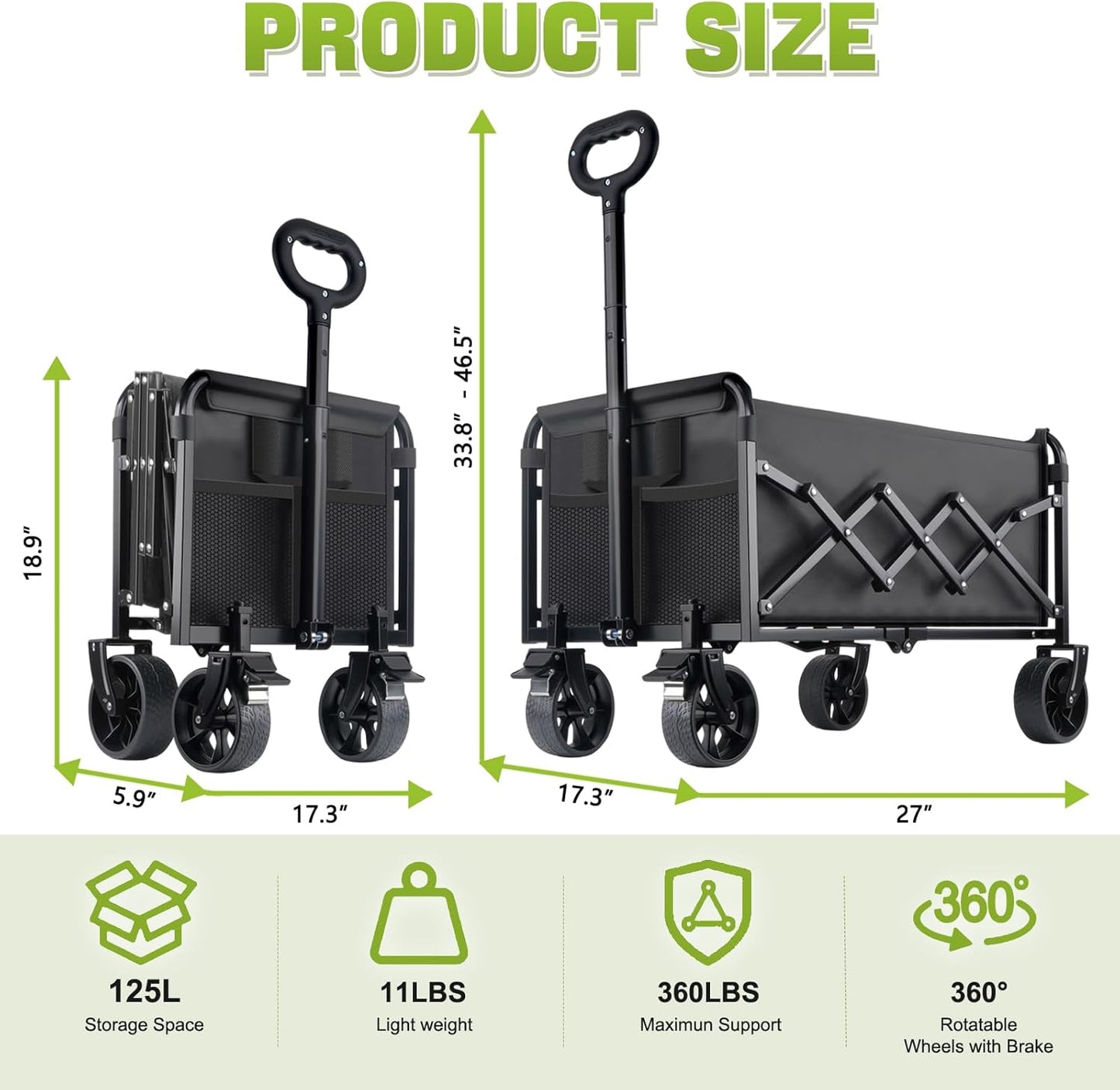 Collapsible Folding Wagon Cart with Wheel - 360LBS Heavy Duty Foldable Wagon Carts with All Terrain Wheels & breakes, Portable Lightweight Wagon Cart for Sports/Groceries/Camping/Fishing/Gardening