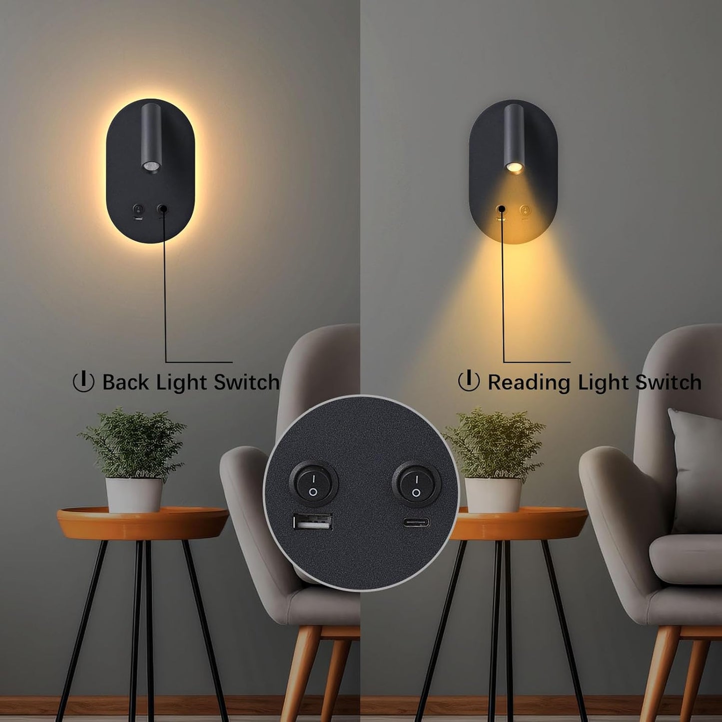 Wall Lamp Plug in Hardwired 2 in 1 Wall Sconces, Wall Mounted Reading Light with USB Type C Ports, Adjustable Bedside Headboard Spotlight, Bedside Lamp with 9W+3W Night Light 3000K (Black)