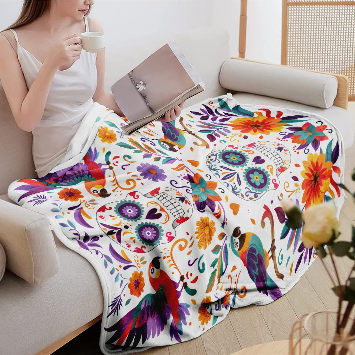 Sugar Skull Fleece Blanket, Day of The Dead Design with Parrots and Flowers, Colorful Mexican Folk Art Theme, Halloween Blankets Fuzzy Gifts for Sofa Couch Bedroom (60 x 80 inch)
