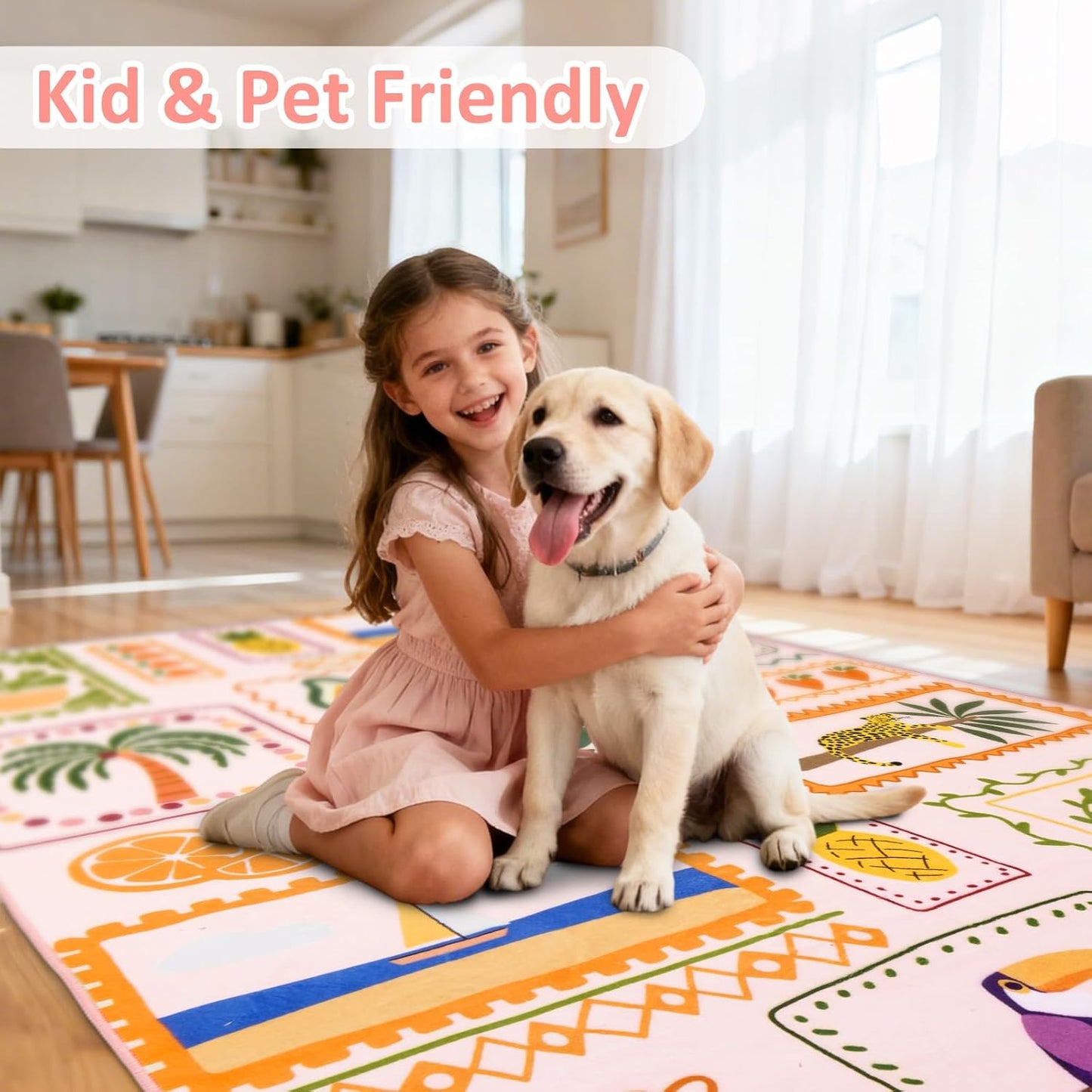 Instellar Kid's Rug for Playroom-8x10 Washable Non Slip Low Pile Area Rug,Cute Animal & Plant Patterns Carpet for Bedroom,Study,Classroom（Light Pink）