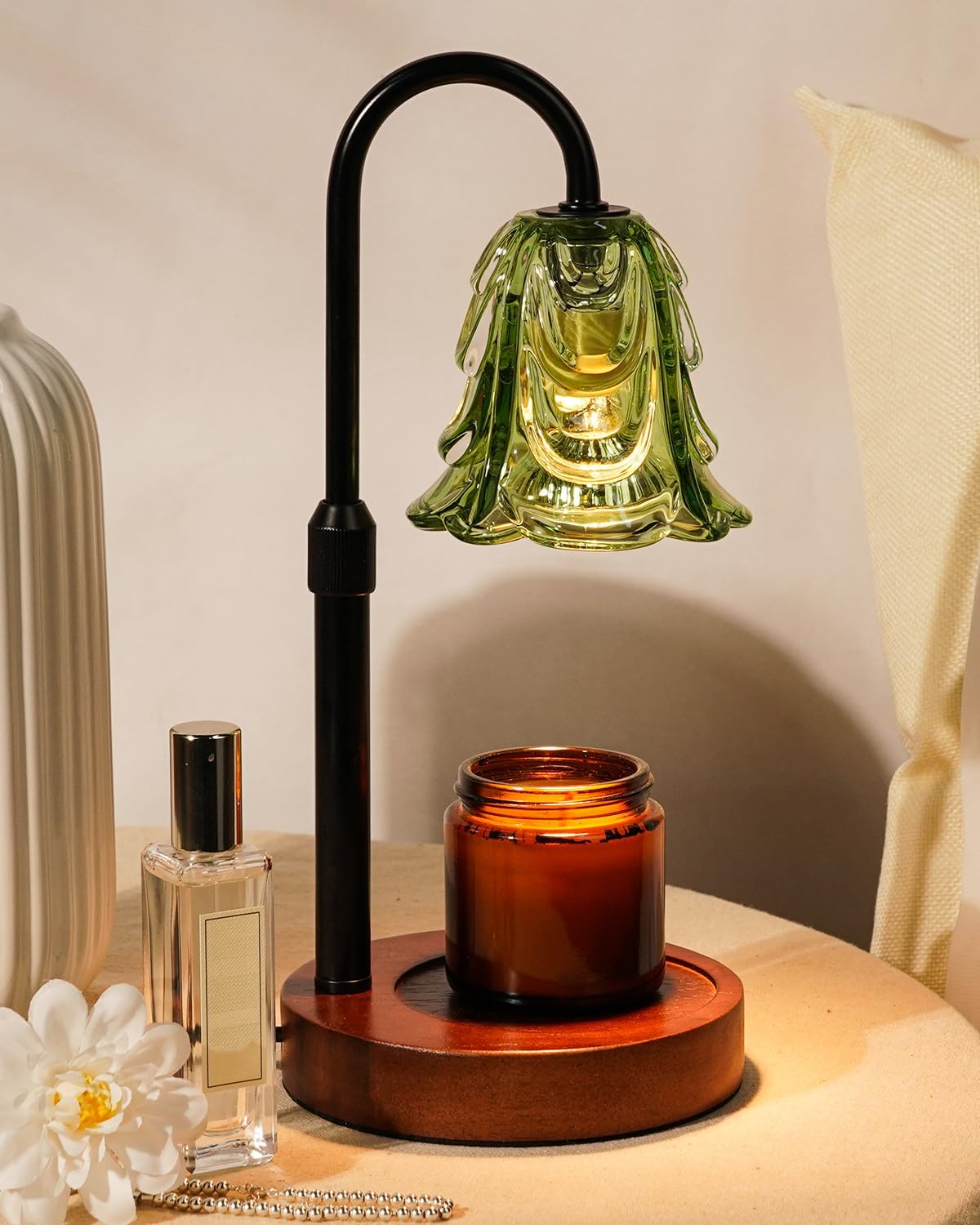 Small Candle Warmer Lamp with Timer, Adjustable Green Lamp Warmer for Jar Candles, Unique Women Gifts for Birthday, Dimmable Candle Heater, Anniversary Day Gifts, Cute Wax Warming Light with Wood Base