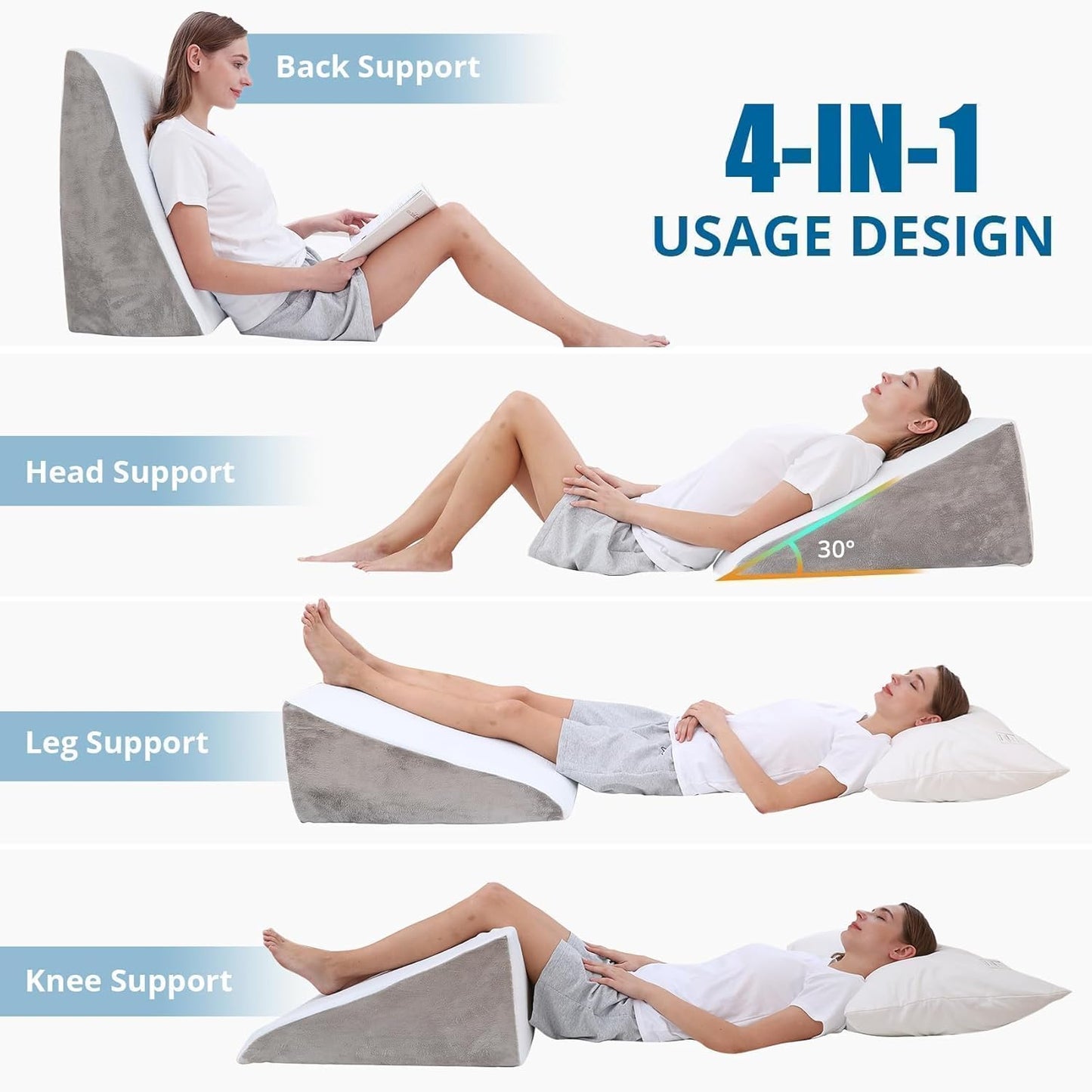 Memory Foam Bed Wedge Pillow  12 Inch Washable Cover for Acid Reflux Back Pain