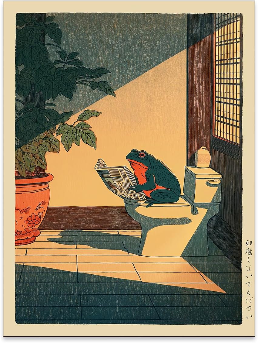 Japanese Frog Wall Art Cute Animal Canvas Print Funny Frog On The Toilet Reading Newspaper Posters Vintage Japan Painting Wall Decor 12x16in Unframed for Oriental Asia Bathroom Restroom
