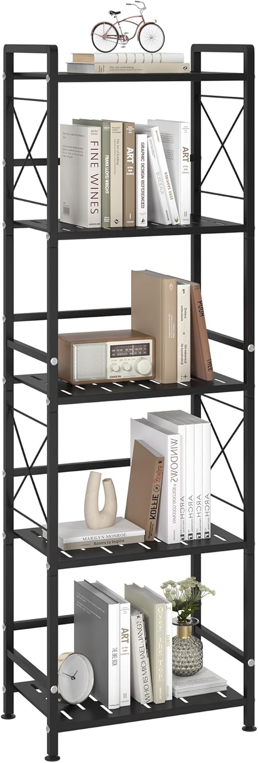 JSB 5 Tier Metal Bookshelf Bathroom Storage Standing Shelf Unit Kitchen Storage Organizer Display Rack Bookcases Shelves for Living Room, Bedroom, Office (Widen Black, 5 Tier)