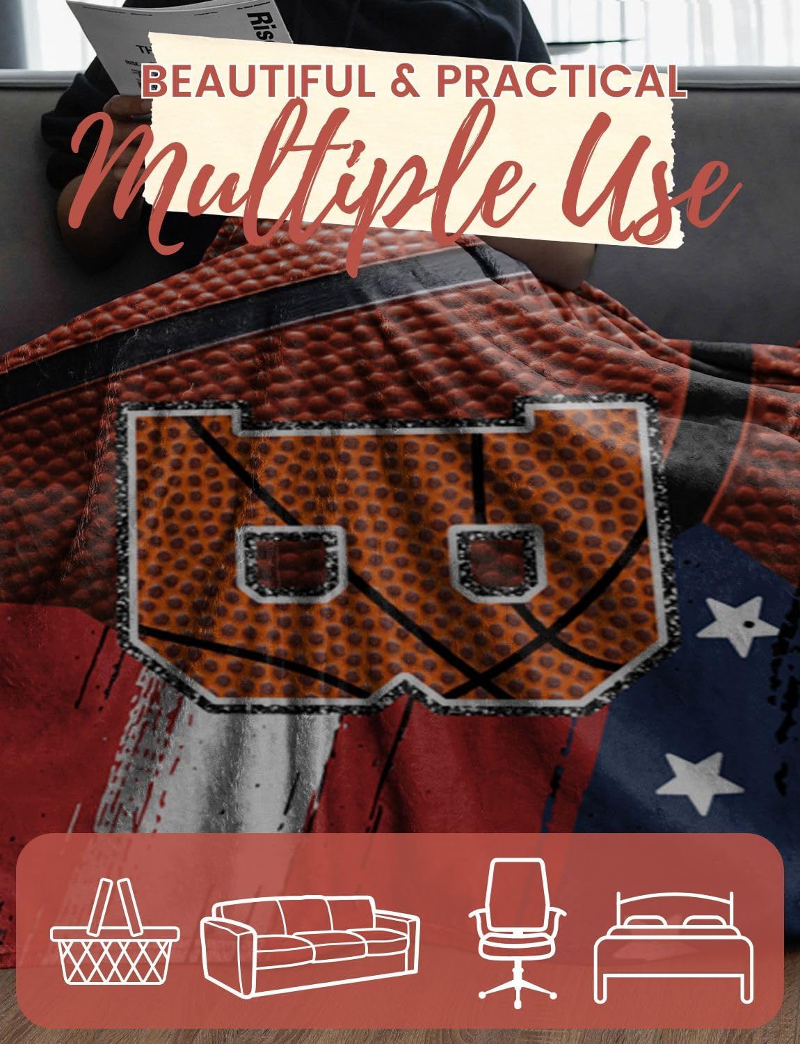 Basketball Blanket for Boys, Teen, Coaches, Personalized Blanket with Initials, Flannel Throw Blanket for Birthday, Christmas, 50x65 Inches, L
