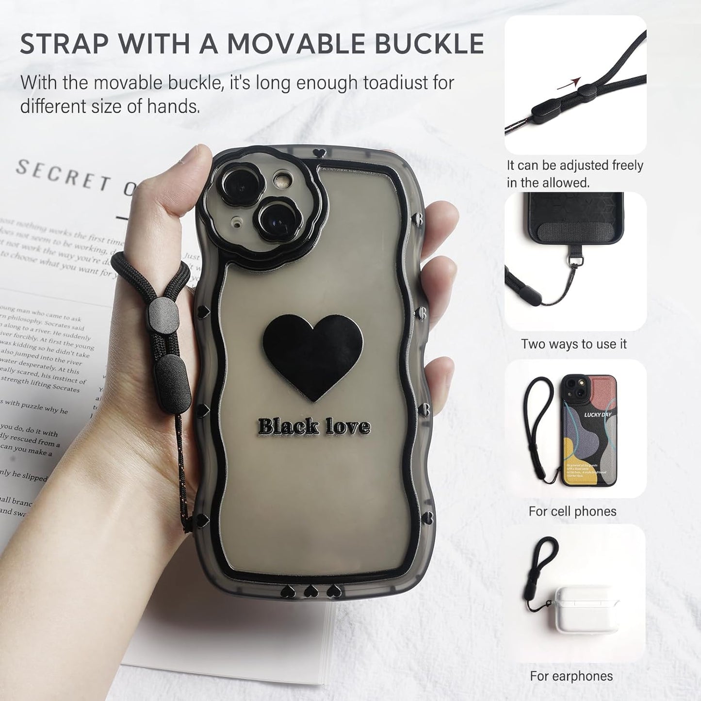 BFSDDM Crossbody Phone Strap - 2 Pads, Leather & Wrist Strap, Adjustable Finger Strap, Universal Phone Lanyard