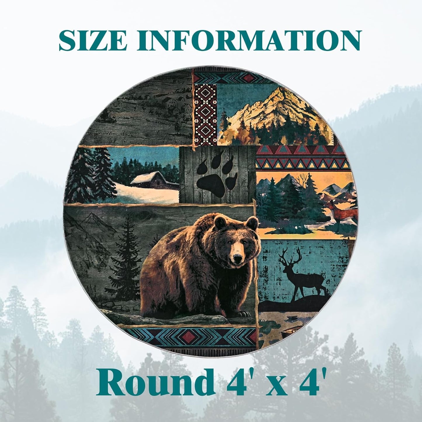 ASPMIZ Rustic Round Rug 4ft, Cabin Bear Moose Area Rugs for Living Room, Low Pile Southwestern Washable Rug Non Slip, Soft Faux Wool Circle Rugs for Bedroom, Entryway, Wildlife Home Decor, Blue