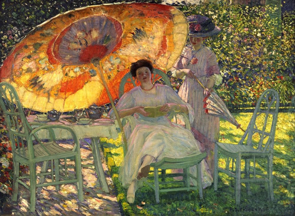 The Garden Parasol Cultivated Woman in Leisure Reading 1910 American Impressionist Painting By Frederick Frieseke 22"X30" Image Size on CANVAS Fine Art Print Poster Shipped Rolled-up