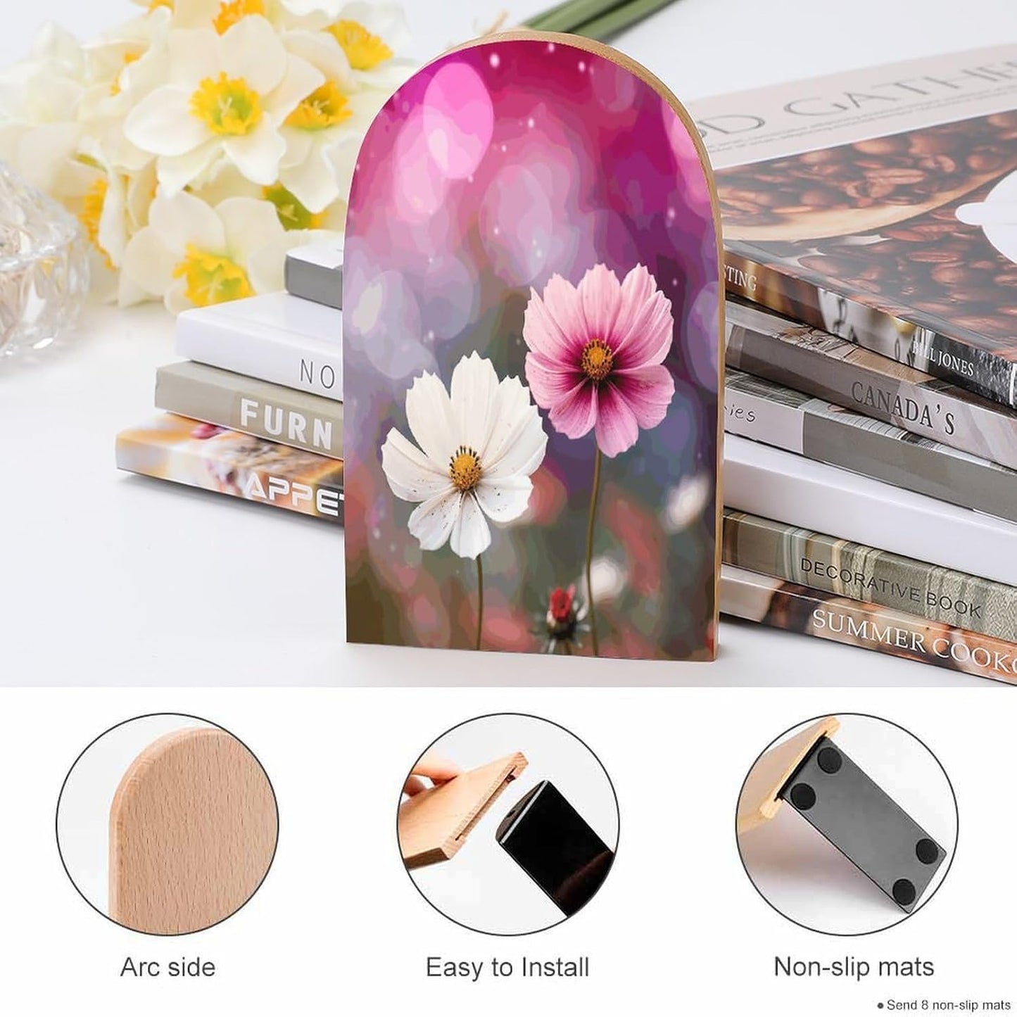 Two Peach Flowers Bookends 1 Pair Heavy Duty Book Ends for Shelves Non-Skid Bookend Supports Wooden Book Holders with Metal Base Desk Organizers Books Storage to Hold Books