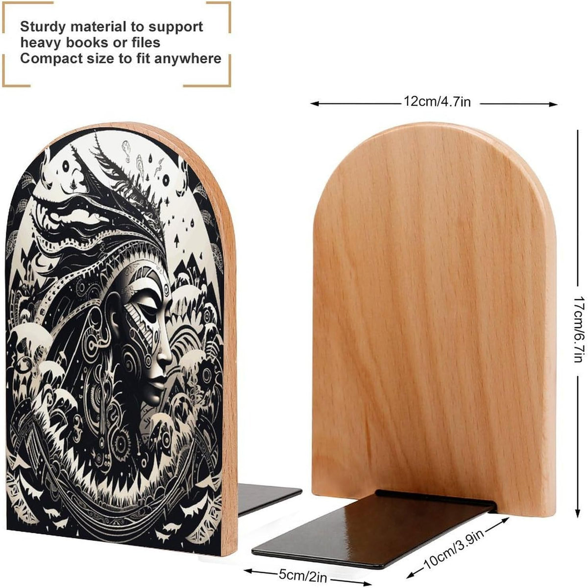 White and Black Tribal Illustration Wooden Bookend Non-Slip Book Ends Heavy Duty Book Stopper with Metal Base Books Holderd Decorative Bookends Stands Firmly for Office Supplies
