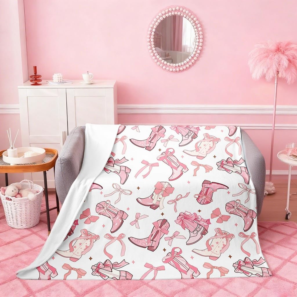 Cowgirl Bed Blanket,Western Cowboy Boots Pink Bowknots Flannel Blanket for Room Decor,Dreamy Fairy Tale Princess Starry Pink White Fleece Blanket for Kids,Super Soft Blanket,Throw 50"x60"