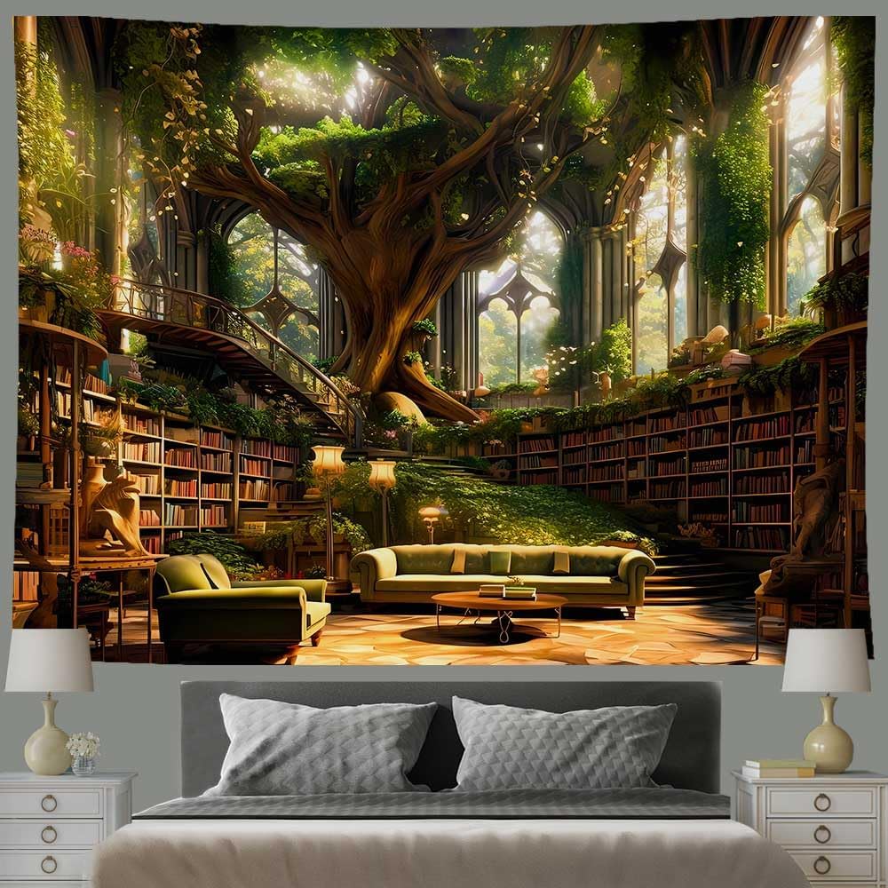 Ine Ive Fantasy Library Tapestry Magic Tree Bookshelf Medieval Palace Tapestries Wall Hanging 80x60inch Fairytale Tree Books Reading Poster Aesthetic for Bedroom Dorm Home Decorations