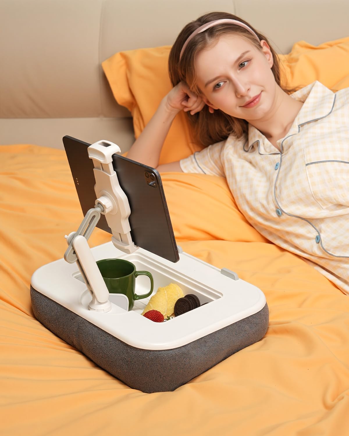 Viozon Kindle Pillow Stand Holder, Phone Holder for Bed, Laptop Lap Desk with Mouse Pad,Compatible with 4.7-13" Kindle/Tablet/Phone,10-15" Laptop, Snack Bowl&Cup Attachment&Detachable 360°Stand Arm