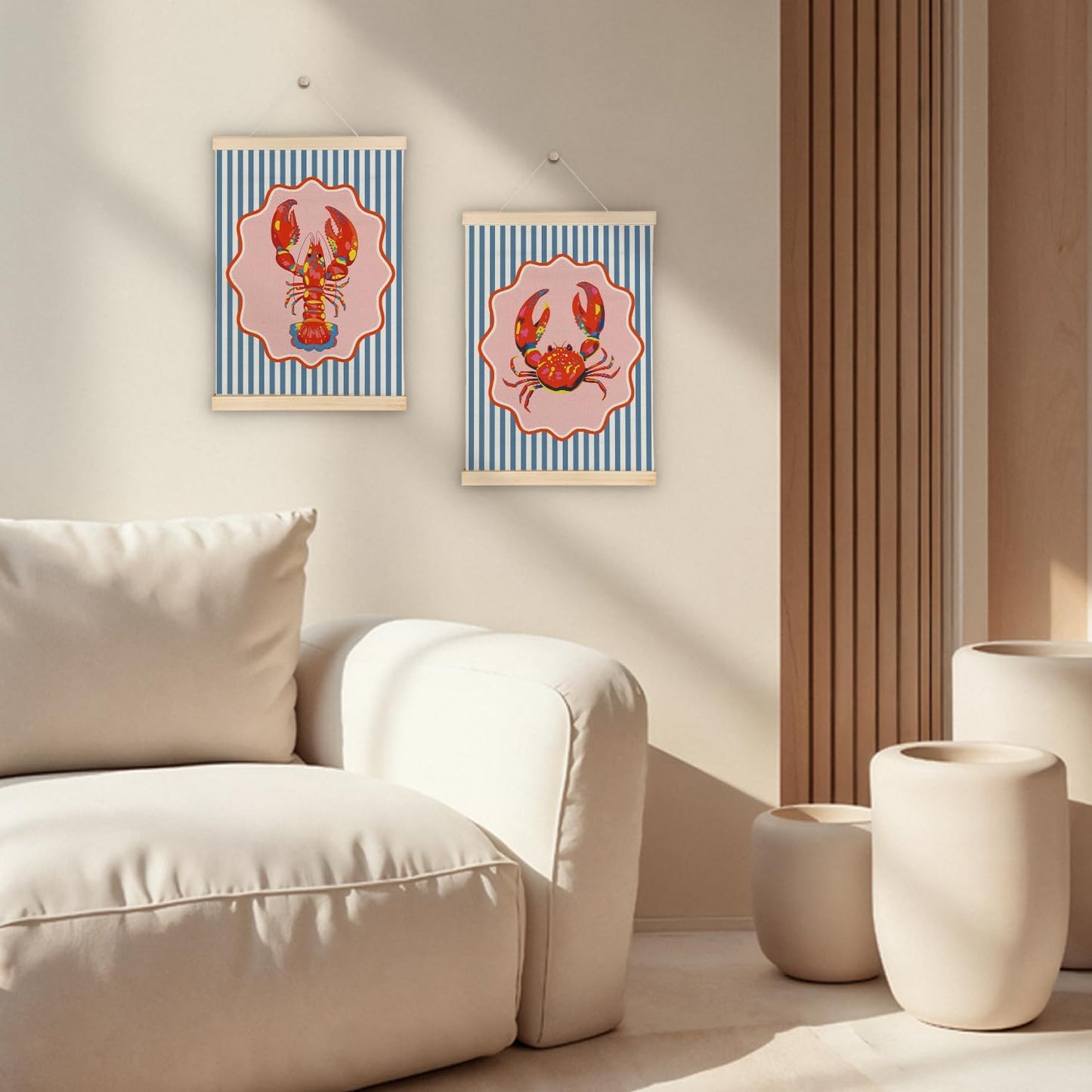 ATBWGT Lobster Crab Coastal Beach Wall Art Decor, Coastal Room Decor, Blue Striped Ocean Crawfish Crab Poster Hanger Frame for Bedroom Living Room Beach House Cabin, 12x16 Inch Set of 2