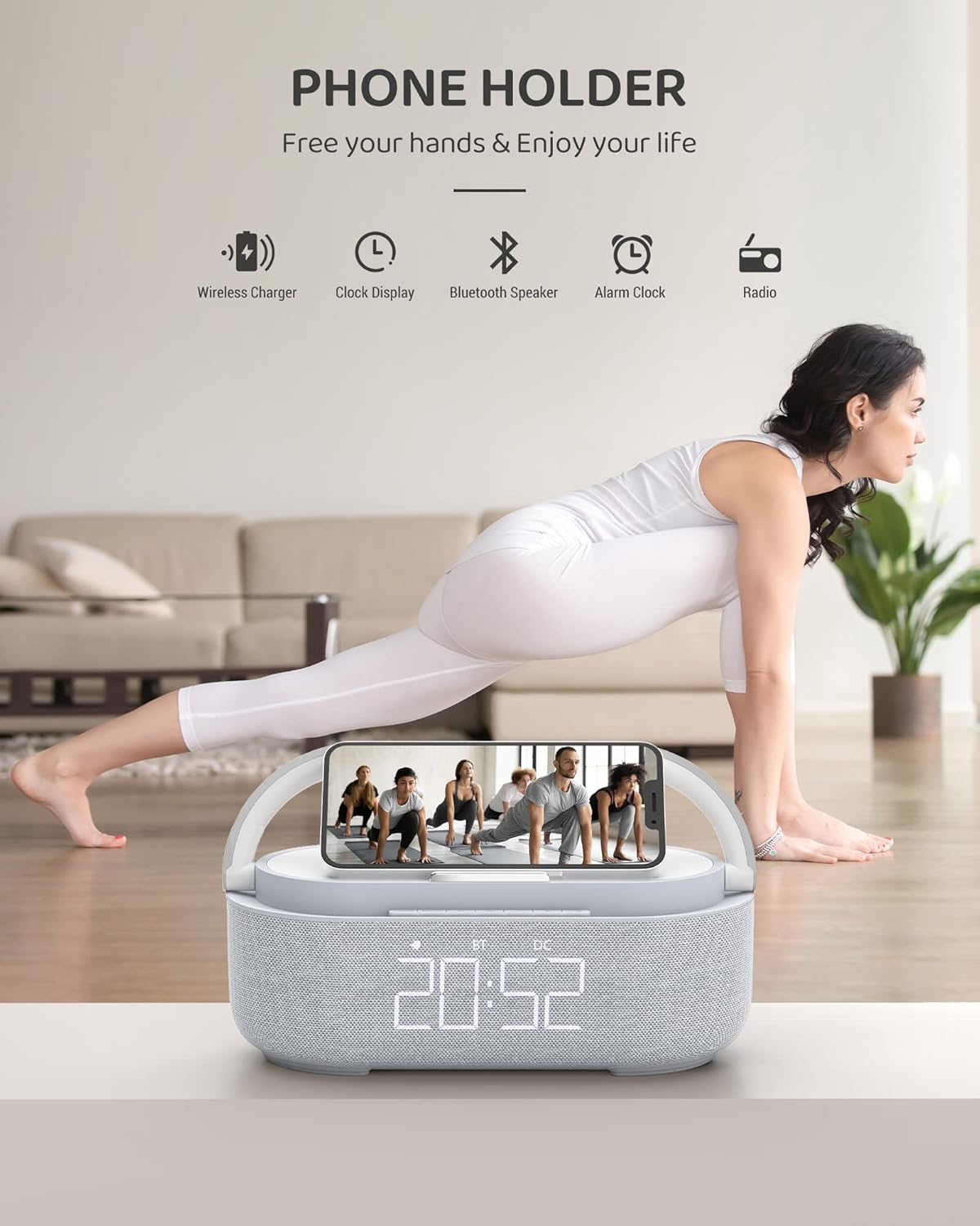COLSUR Bluetooth Speaker Alarm Clock with Wireless Charger, FM Radio, Adjustable LED Night Light, 6 in 1 Bedroom Portable Speaker 2500mAh, Phone Stand for Bedside, Home, Office, Gift (Gray)