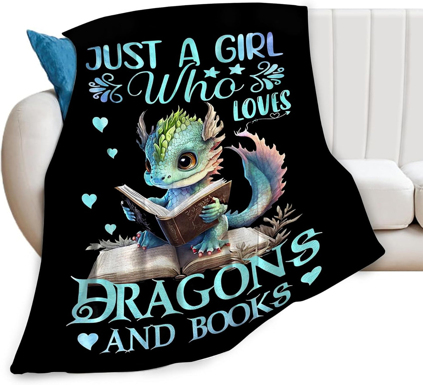 Just A Girl Who Love Dragons and Book Blanket Dragon Gifts for Girls Boys Woman Kids Reading Lover Throw Blankets Soft Blanket Warm Fleece Flannel Plush Blankets for Bed Sofa 40"x50"