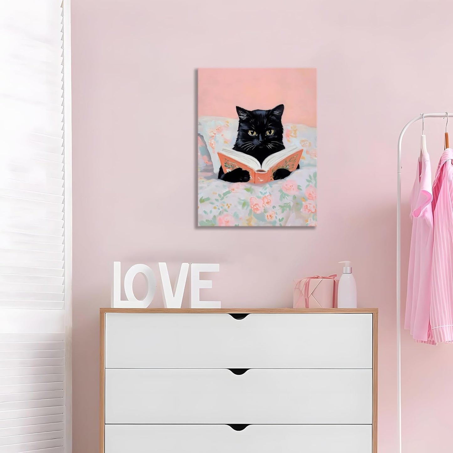 Framed Cats Canvas Wall Art, Funn Black Cat Reading Books Picture Wall Decor, Pink Vintage Animal Poster Prints for Girls Room Bedroom Kids Room Living Room Bathroom Decor 16x24 inch