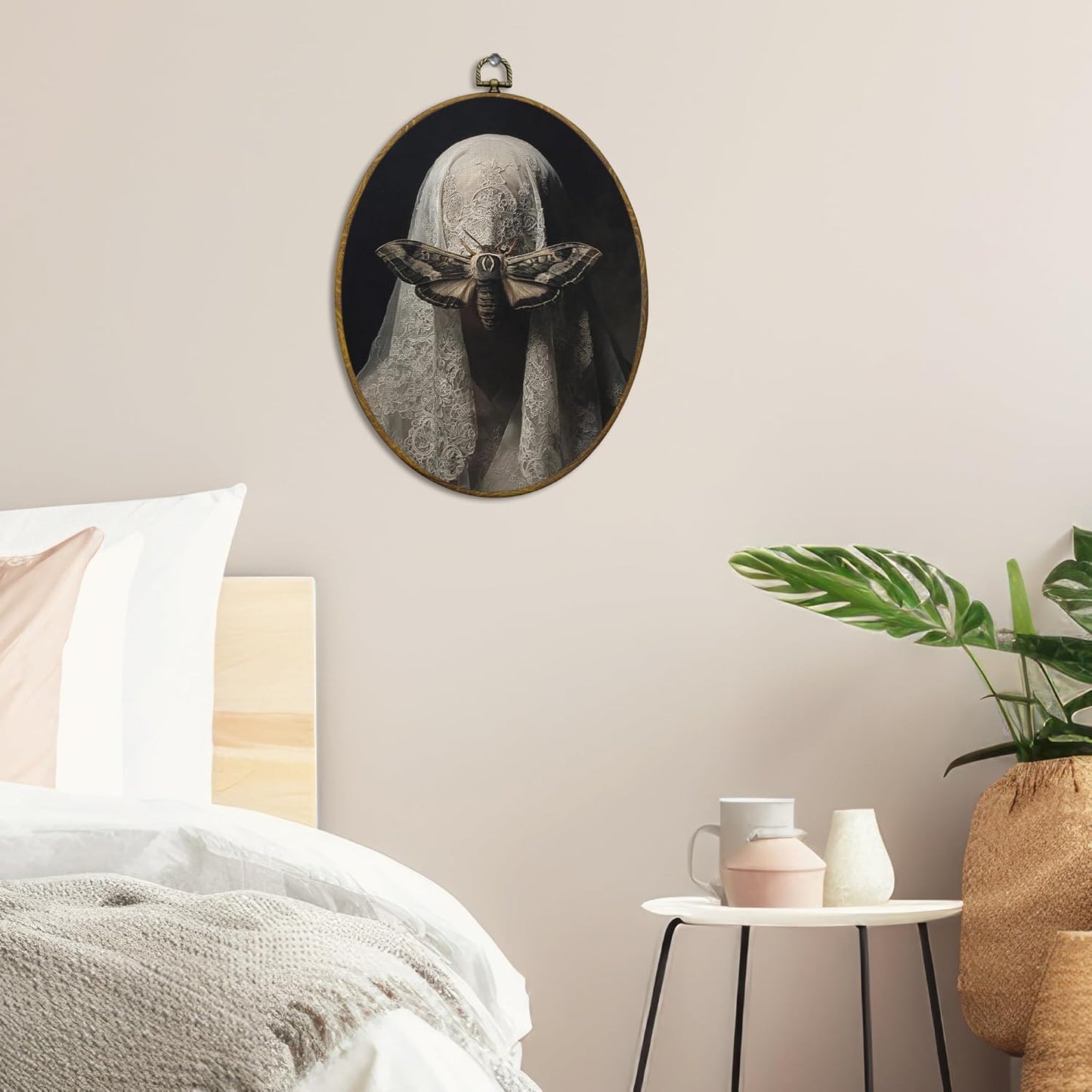 QZQE Gothic Witchy Moth Oval Wall Art Decor Framed, Dark Academia Veiled Women Moth Oval Canvas Prints, Dark Moody Goth Aesthetic Wall Hanging Decor for Home Bedroom Living Room, 8.6x11.4 Inch