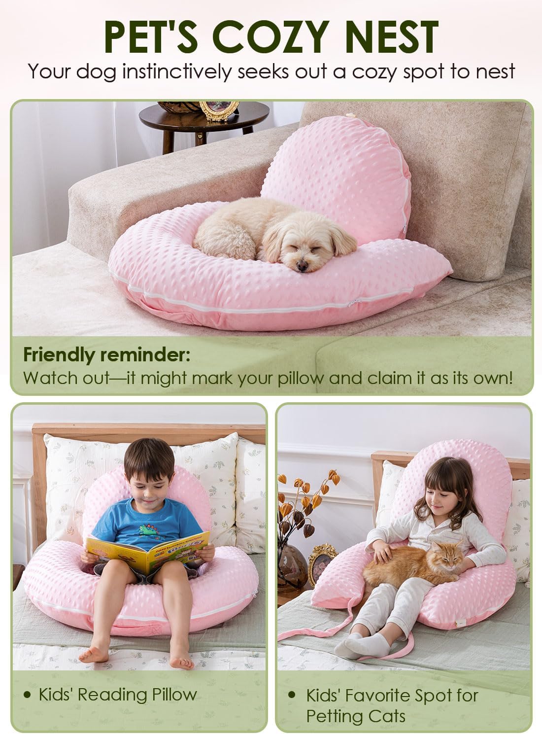 INSEN Reading Pillow with Back Support, Sit Up Bed Pillow for Reading, Nursing & Relaxation, for Adults, Moms and Kids, Pink Bubble Velvet