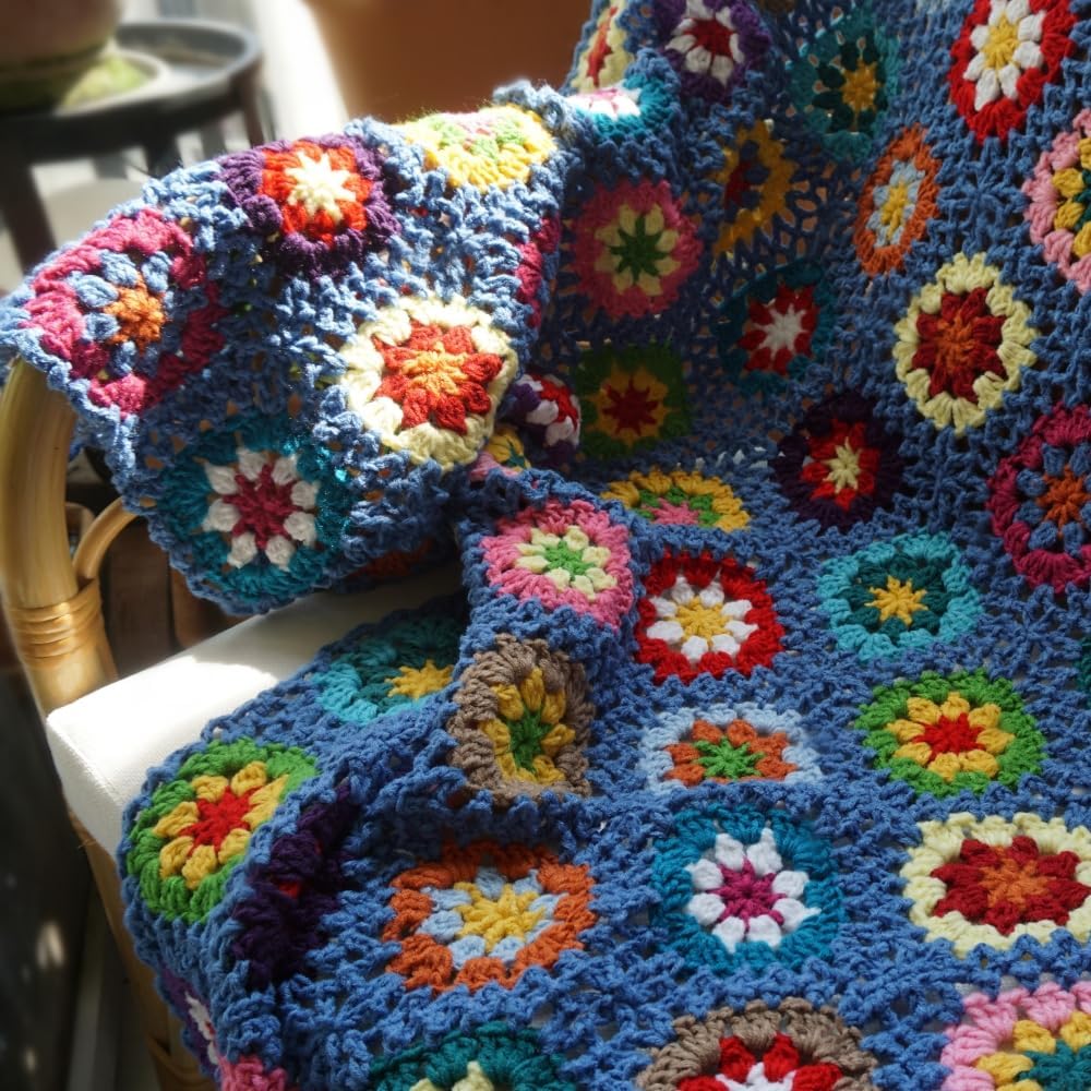 Handmade Granny Square Crochet Throw Blanket, Boho Patchwork Knitted Blanket for Couch Sofa Bed, Soft Decorative Afghan Blanket, Vintage Farmhouse Home Decor, Handmade Gift for Women59”x39”