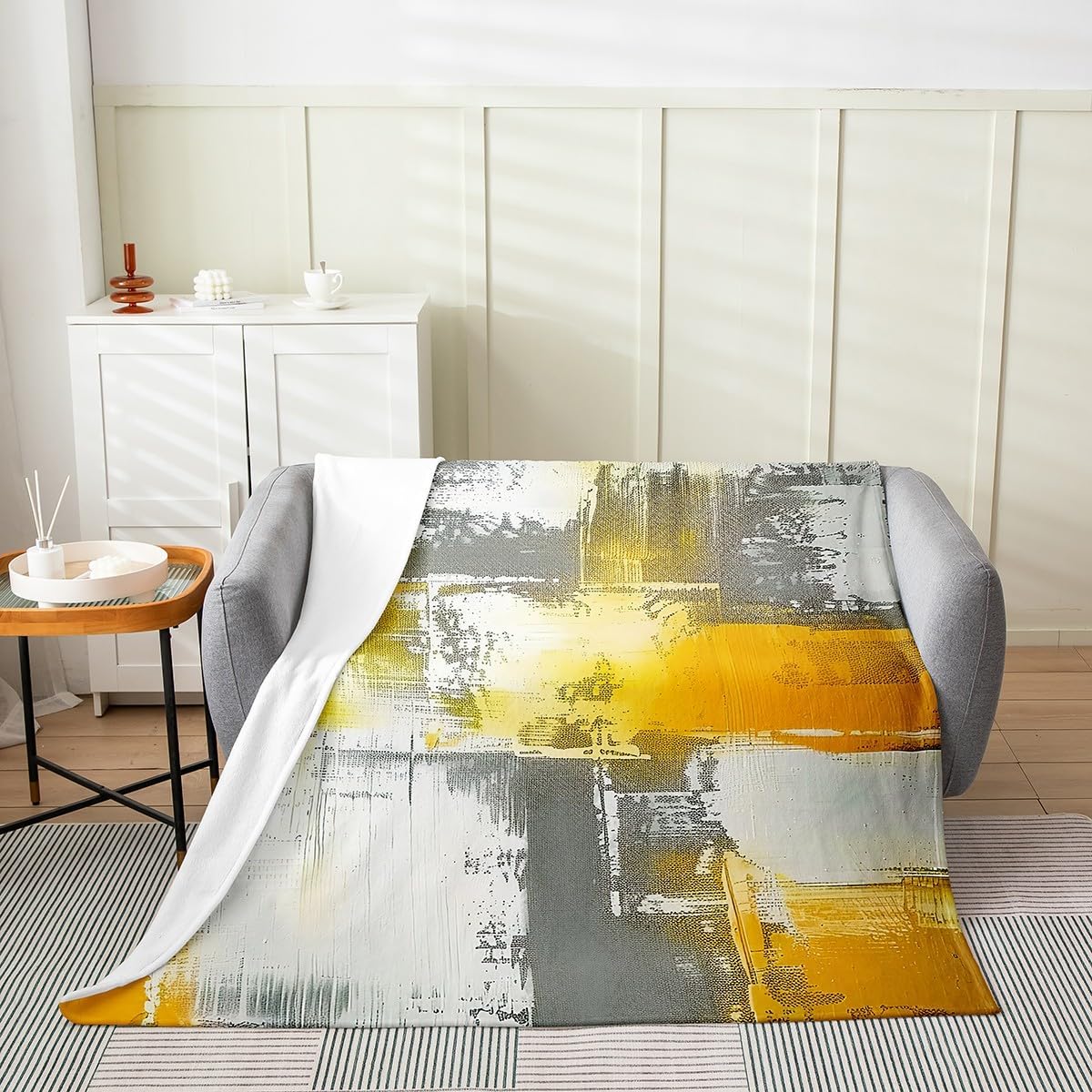 Erosebridal Oil Painting Throw Blanket 50x60 inch Modern Ombre Fleece Blanket Retro Watercolor Flannel Blanket,Rustic Yellow Grey Bed Blanket for Sofa Couch