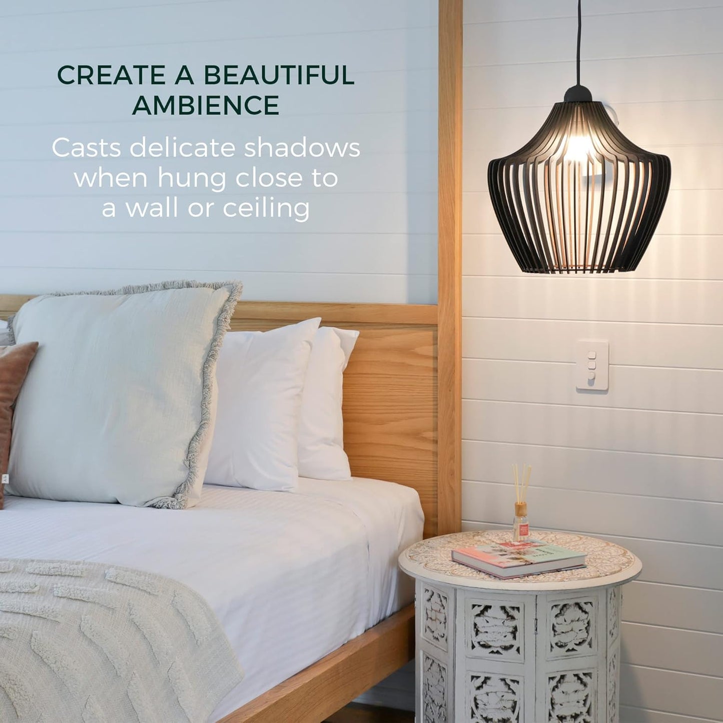 Wood Pendant Light - Easy-to-Assemble Ceiling Chandelier - Modern Boho Hanging Lamp Lighting Fixture for Dining, Kitchen, Bedroom, Living Room - Adjustable Nylon Cord, Uses Standard Bulb