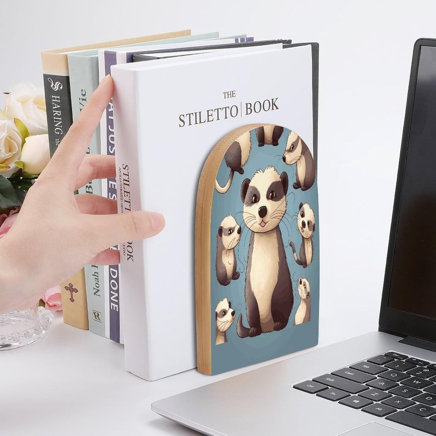 Hairy Ferret Bookend for Shelves Wooden Book End Large Size Sturdy Book Holders Stoppers with Metal Base for Bookshelves Slick Decorative Bookends Stands