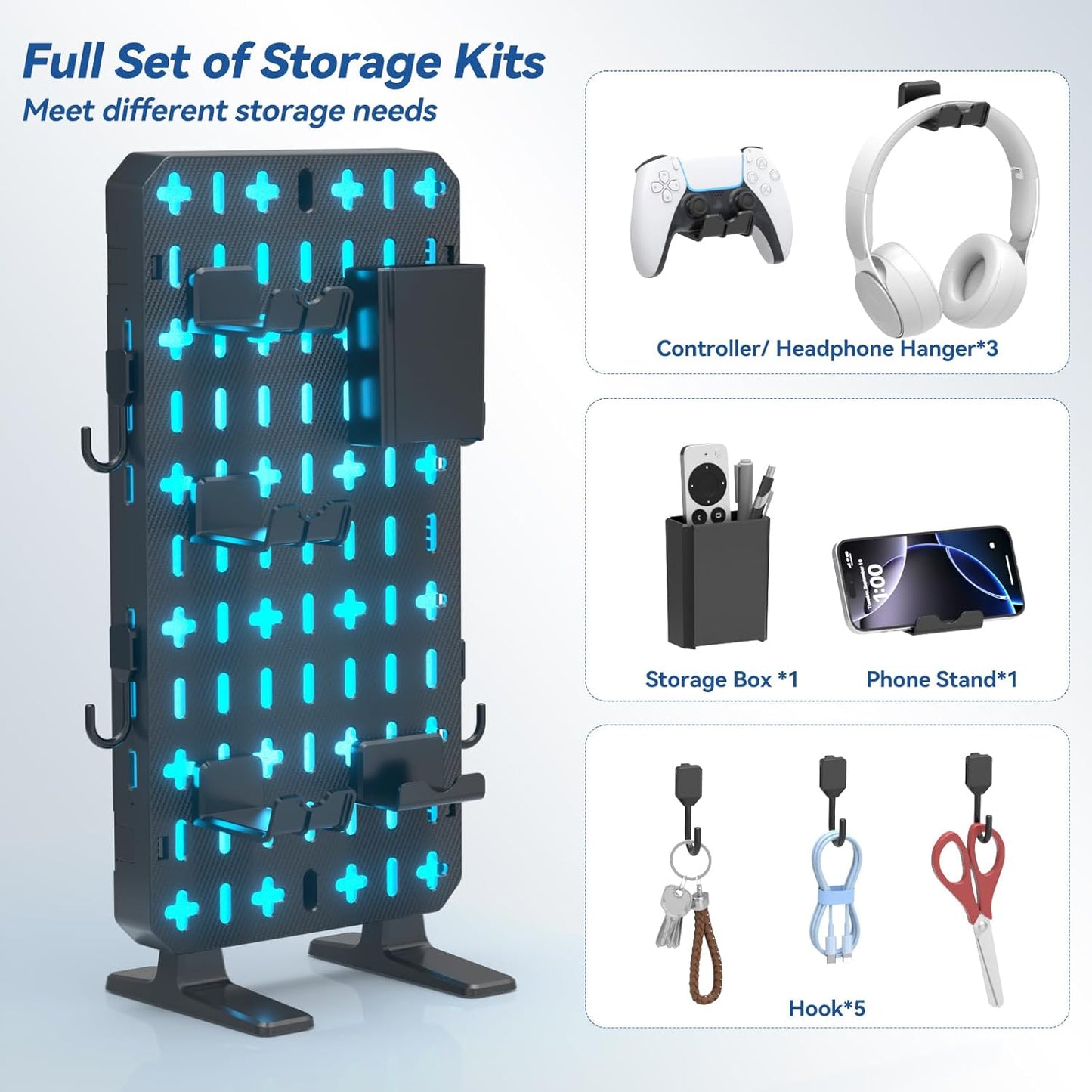 KDD 6 in 1 RGB Gaming Desk Accessories - No Drill Desk Organizer with Phone Stand/Storage Box/Headset & Controller Holder/Hooks, Freestanding Gaming Pegboard for Office & Home Desktop Decor Organizer