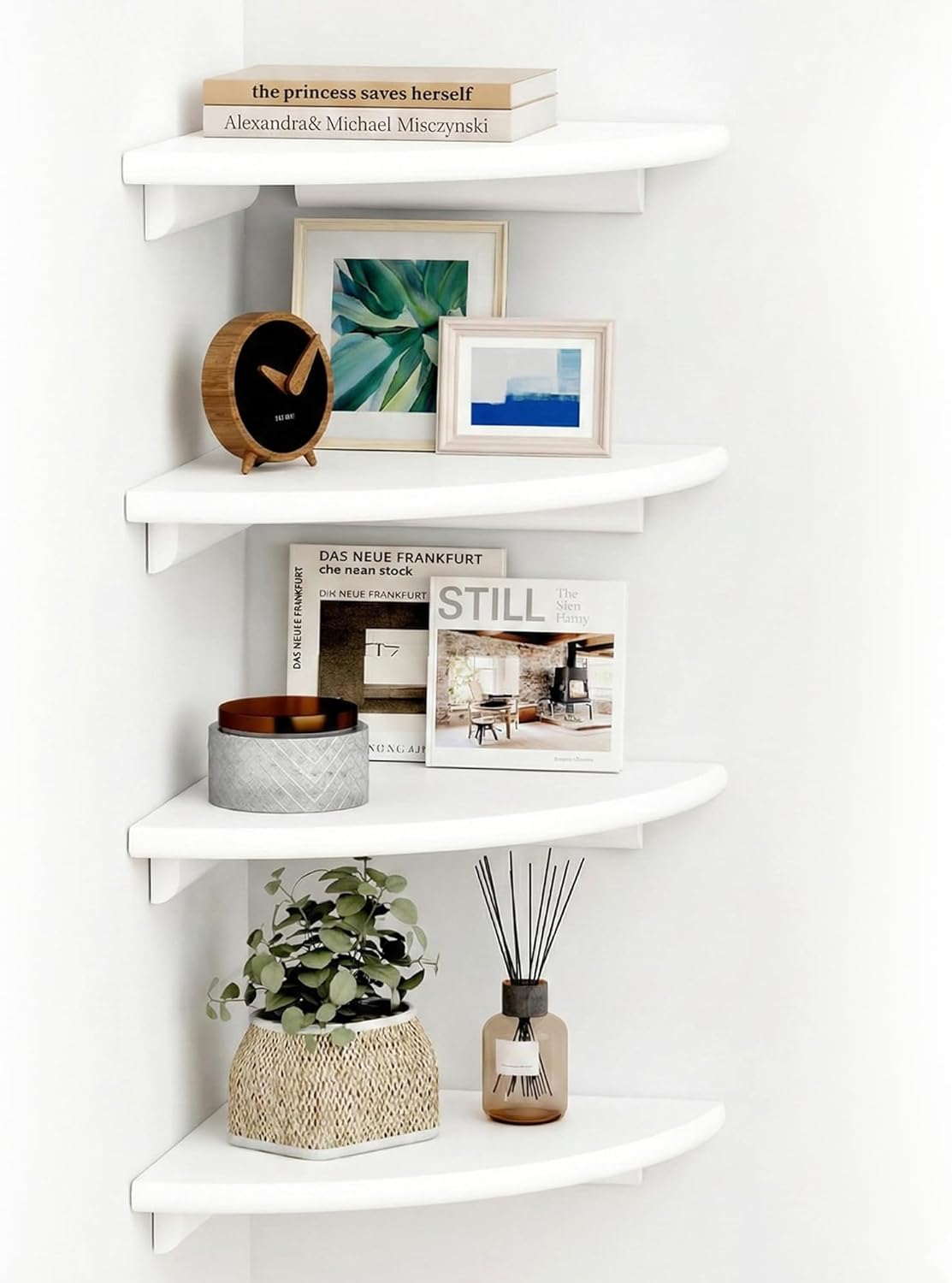 White Corner Floating Shelves for Wall – Set of 4, Rounded Wood Wall Mounted Corner Shelf with Hardware, Space Saving Decorative Storage for Kids Room, Bathroom, Living Room, Office – White