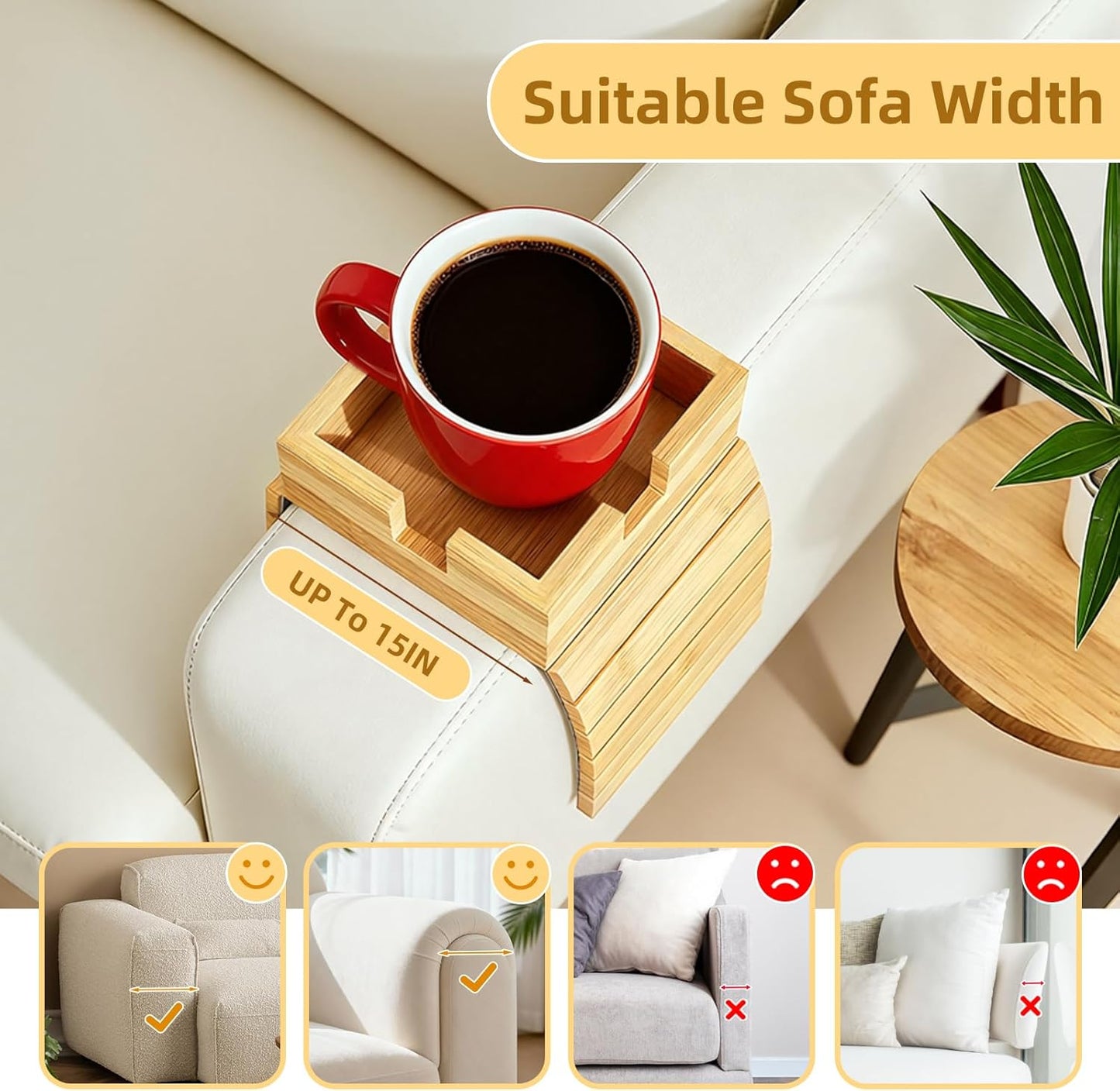 Bamboo Couch Cup Holder & Armrest Tray - Extend Your Comfort with a Secure Drink Slot and Snack Space for Recliner, Loveseat, or Sofa (Large)