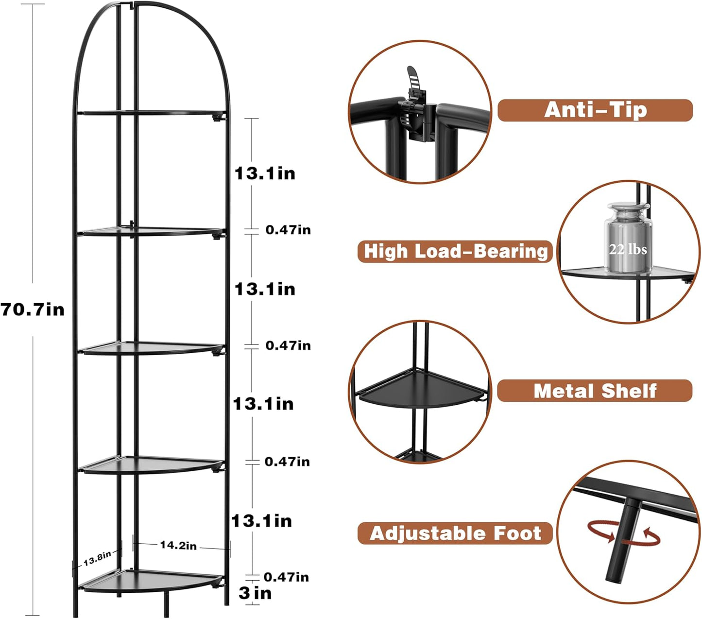 Crofy Foldable 5 Tier Corner Shelf, Metal Corner Plant Stand with Black Frame and Black Shelves, Corner Display Rack Multipurpose Shelving Unit for Living Room, Bedroom, Bathroom