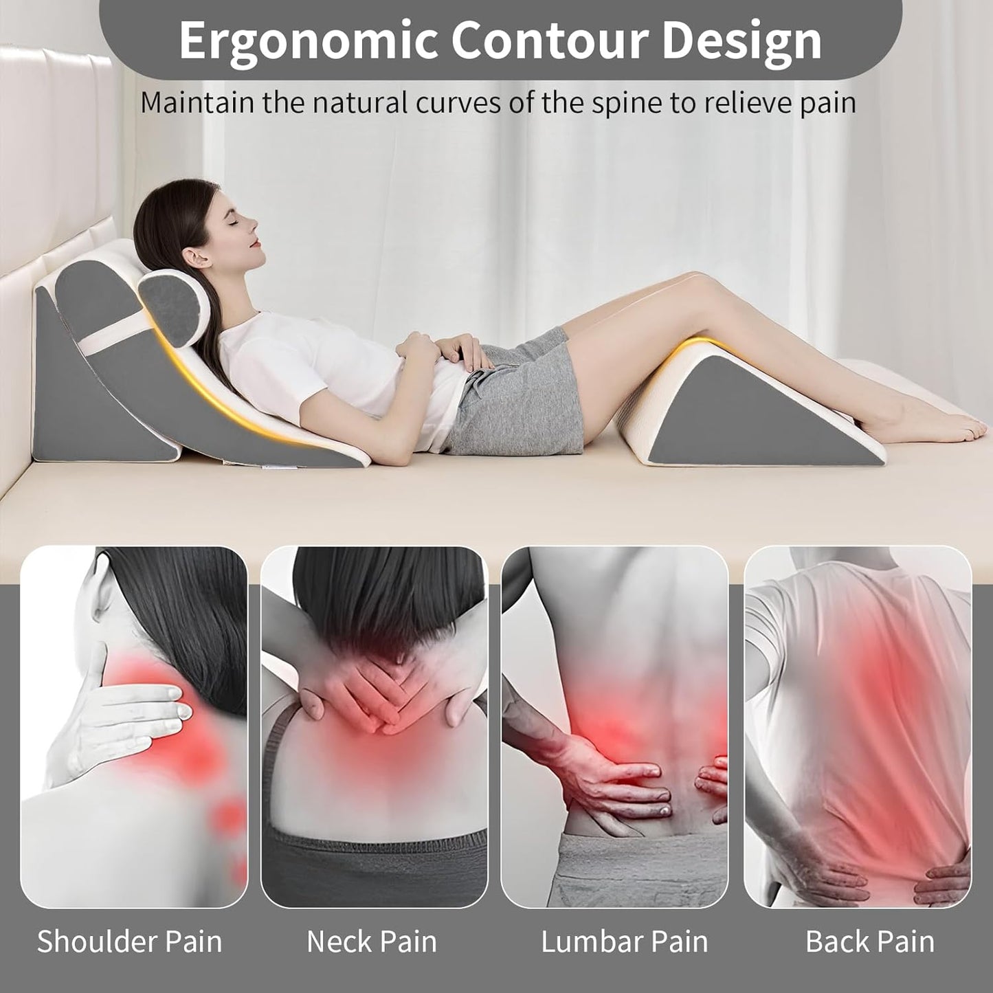 4PCS Orthopedic Bed Wedge Pillow Set for Post Surgery & Pain Relief, Adjustable Wedge Pillow for Back,Acid Reflux,Sitting up in Bed,Recovery,Snoring,Body Pillow for Sleeping (White/Dark Grey)
