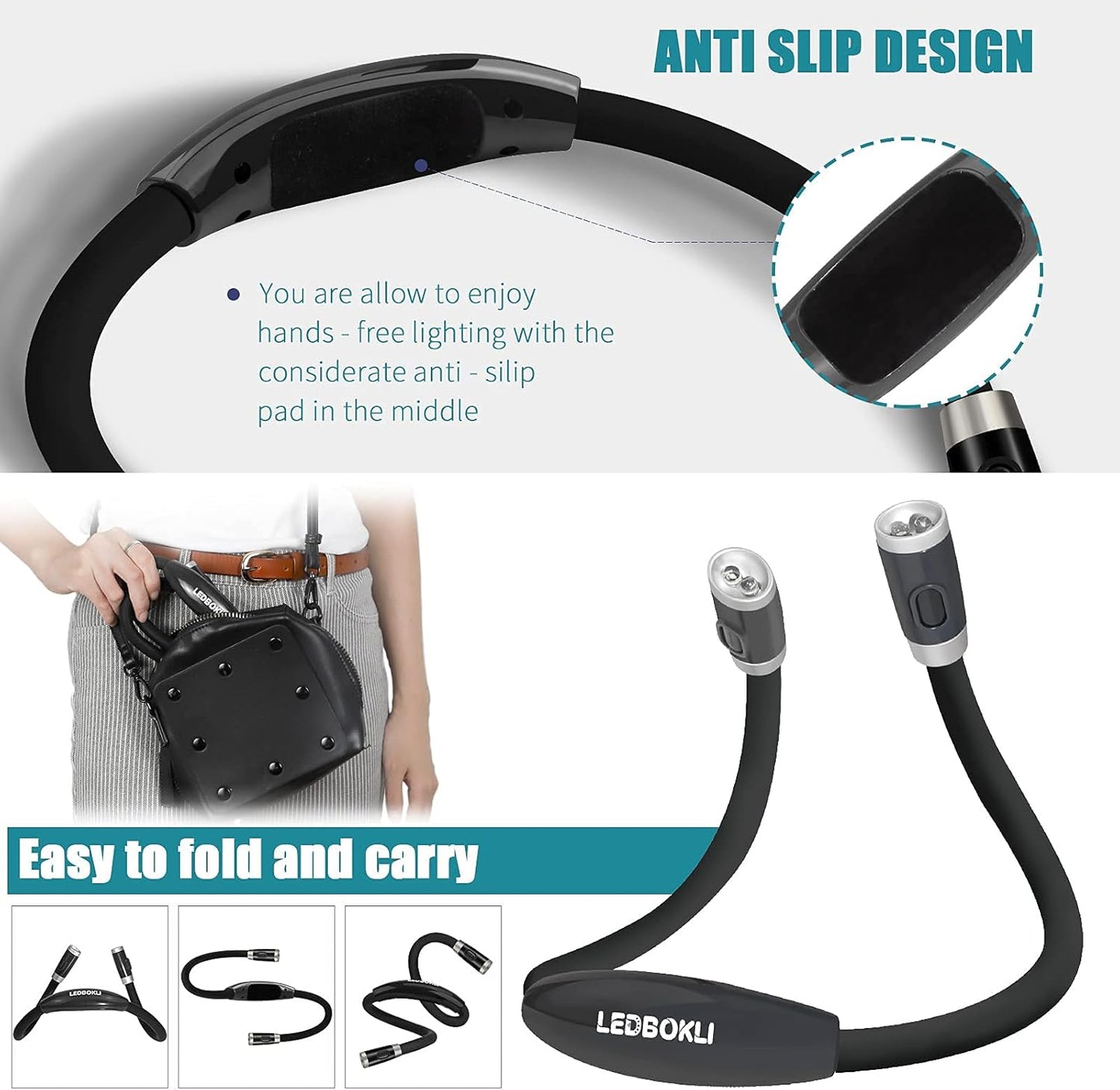 Book Light for Reading in Bed, Rechargeable Neck Reading Light, 650mAh 3 Lighting Modes 4 LED Beads, Reading at Night Hands Free, Neck Light for Reading, Knitting, Repairing (Black)