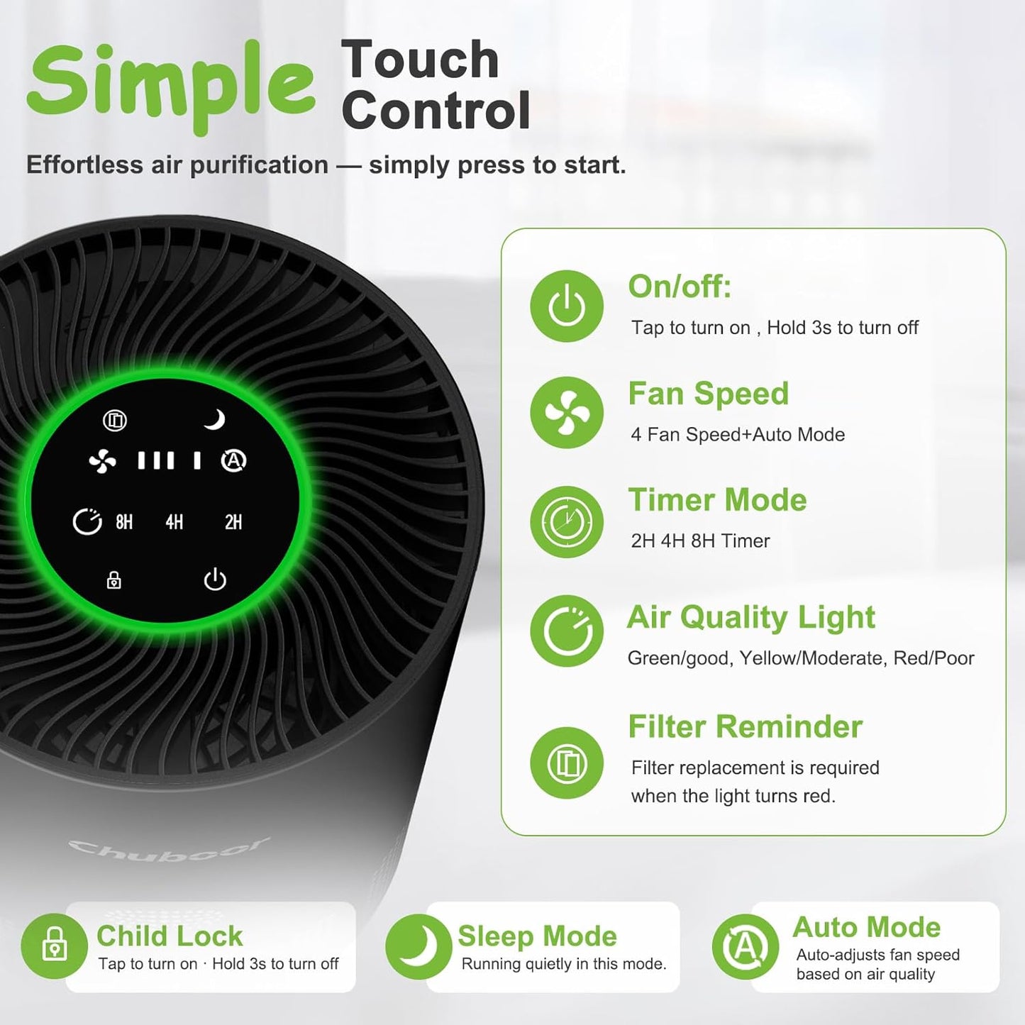 Chuboor Air Purifiers for Home Large Rooms, H13 True HEPA for Bedroom Dorm Room Pets, kitchen, washroom, with Timer, Auto Mode, Sleep Mode, for Smoke and Dust, Pollen, Odors, PJ01, Black
