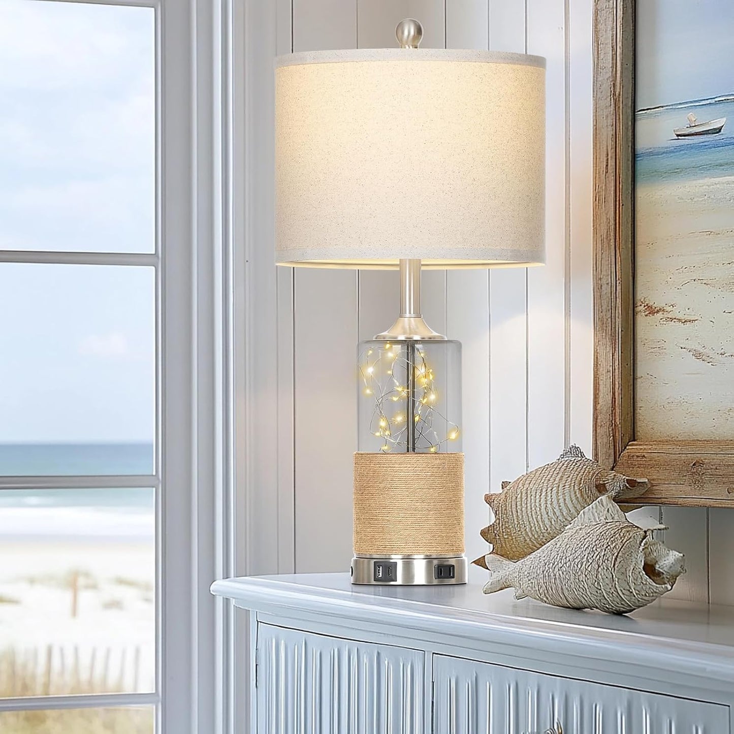 25" Coastal Glass Lamps Set of 2, Touch Control 3-Way Dimmable Night Light Modern Table Lamp with USB A+C Ports & AC Outlets Linen Fabric Shade for Living Room Bedroom Silver Ocean(LED Bulbs Included)