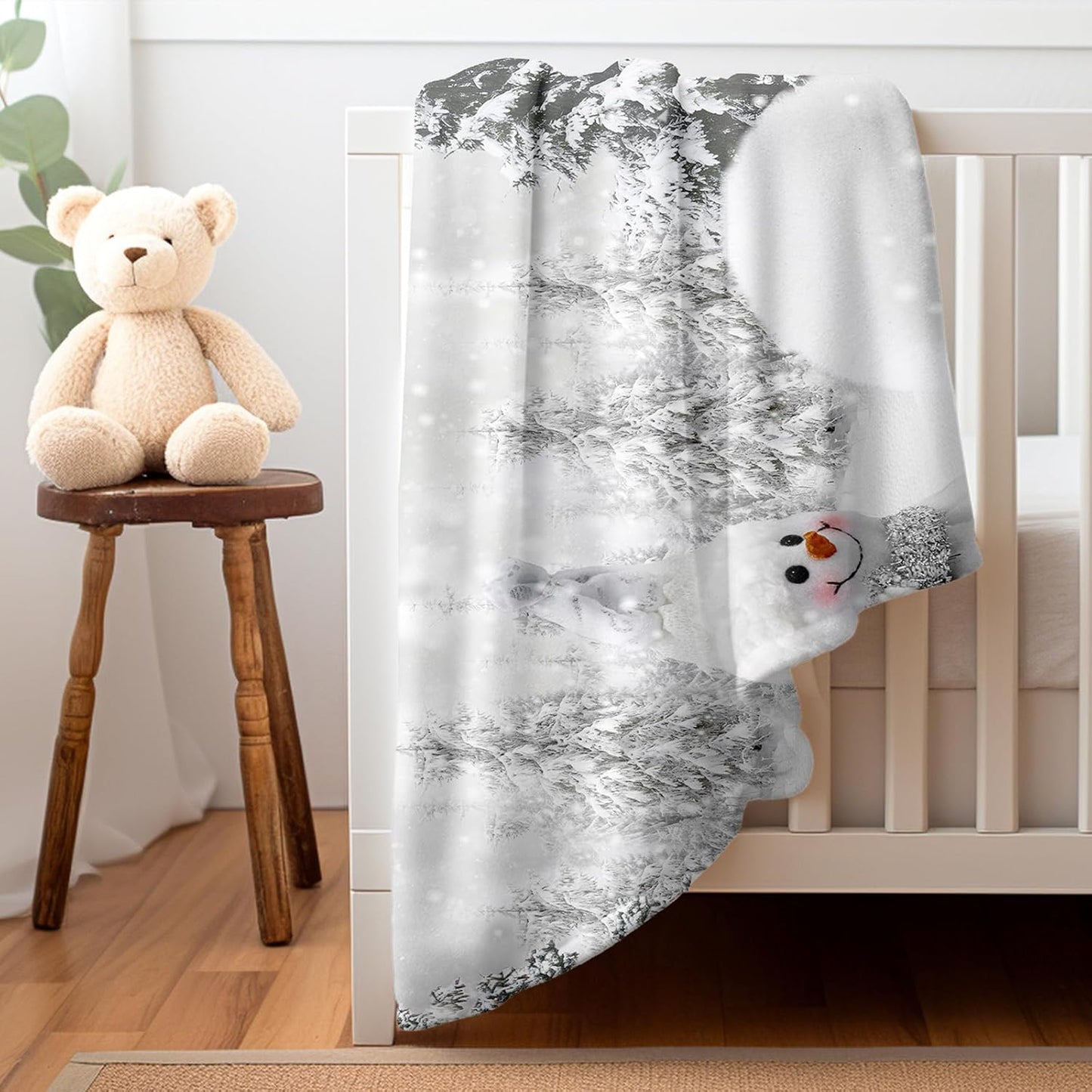 Merry Christmas Winter Throw Blanket, Snowman Xmas Pine Tree Forest Farmhouse Warm Flannel Blanket for Living Room Couch Bed Chair or Dorm, 50x60 Inch