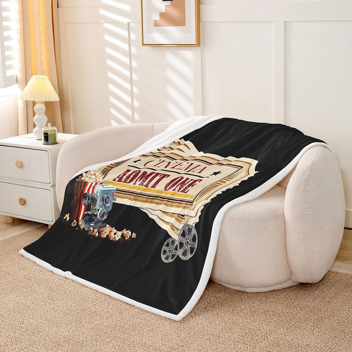 Feelyou Movie Ticket Popcorn Sherpa Throw Blanket for Couch Film Projector Soft Cozy Fleece Vintage Theater Cinema Blanket for Winter, Plush Throw Classic Movie Ticket Pattern Baby 30"x40" All Season