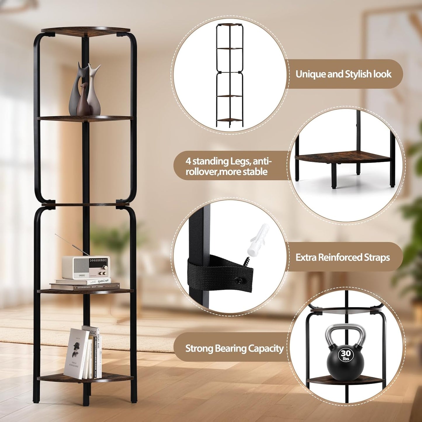Corner Shelf with LED Light, 5 Tier Corner Shelves, Black Corner Book Shelf 64" Metal Shelf Narrow Bookshelf with Storage Rack for Wall Corner, Living Room, Bedroom, Metal Frame, Display Shelf