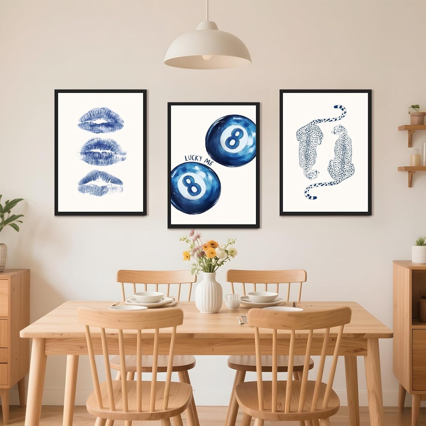 Framed Navy Cheetah Canvas Wall Art Set Retro 8 Ball Poster Blue Leopard Kiss Lips Print Trendy Preppy Aesthetic Dorm Room Decor Funky Blue Painting Picture for Apartment Bedroom 8x12inch