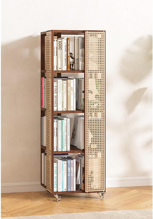 Rotating Bookshelf Tower 4/5 Tier Spinning Bookshelf Bamboo 360° Rotating Bookshelf Tower 360° Floor Standing Bookcase Storage Rack Media Display Rack Tower For Bedroom,Living Room(Brown,Four layers)