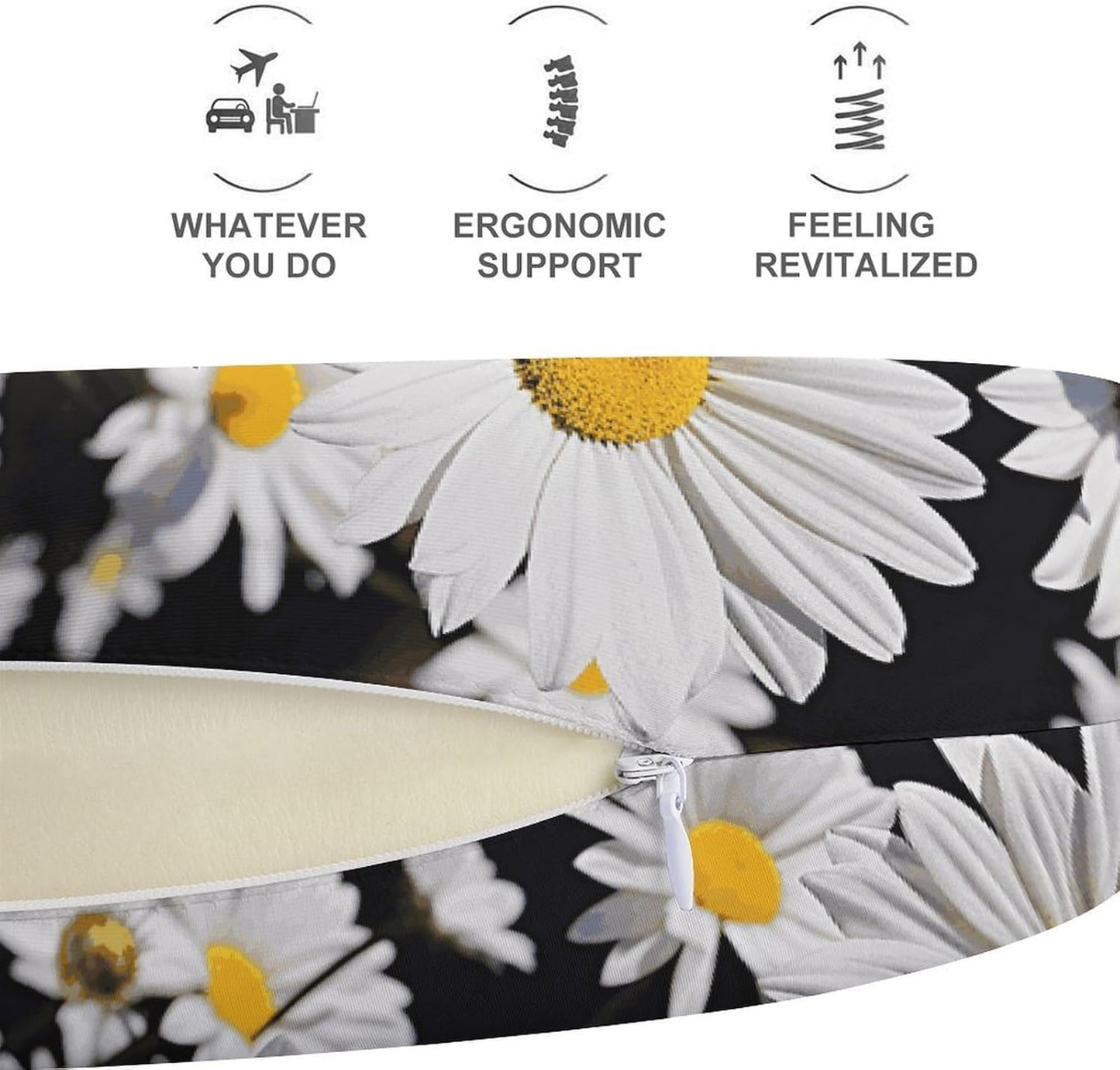 White Daisy Neck Pillow Memory Foam U Shaped Pillows Portable Pillows for Shoulder Travel Head Support Pillow with Concealed Zipper for Airplane Car Home Office