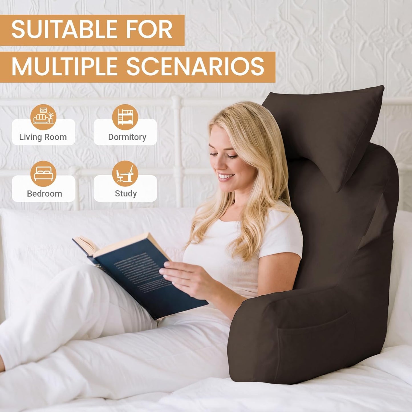 Portable Reading Pillows with Headrest for Bed Sitting Up(Brown Oeko-Tex), Velvet Back Pillow with Arms & Pockets for Adults, Support Memory Foam Bed Pillow for Dorm/Reading/Watching/Gaming