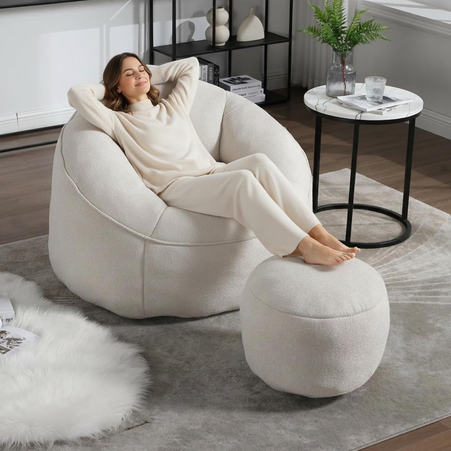 Bean Bag Chairs, Gaint Bean Bag Couch with Memory Foam for Adults and Kids, Microfiber Upholstered Sofa with Ottoman, Comfy Lazy Bean Bag Reading Chair for Living Room