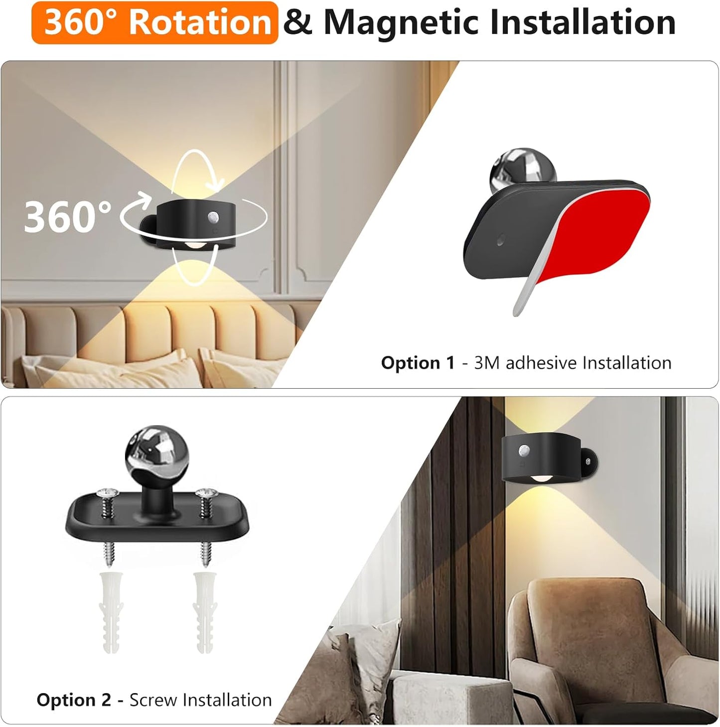 Rechargeable Motion Sensor Wall Light, Wireless Wall Sconce - Magnetic Base, Dimmable 3000K Warm White, 3 Modes (ON/AUTO/Off) for Closet, Stairs, Living Room - Indoor LED Wall Lamp (Black)