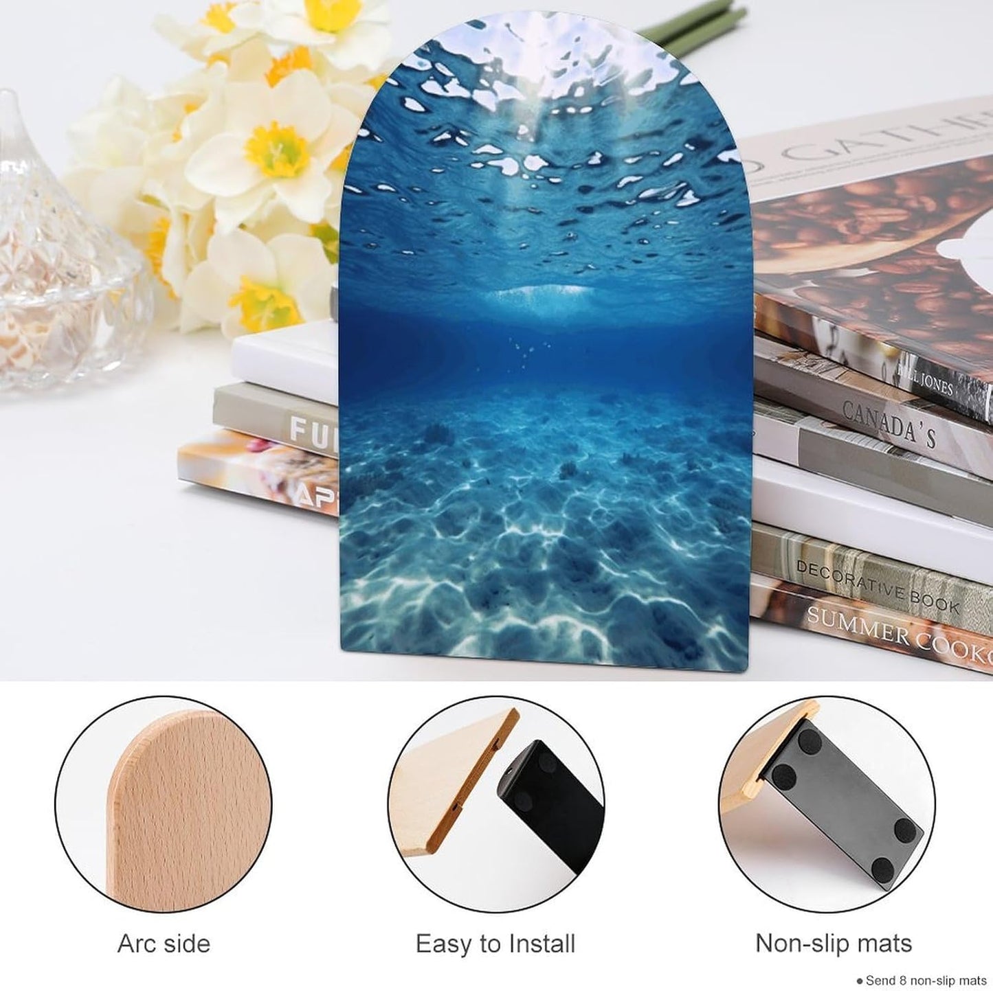 Blue Ocean Sea Bookend for Shelves Wooden Book End Large Size Sturdy Book Holders Stoppers with Metal Base for Bookshelves Slick Decorative Bookends Stands