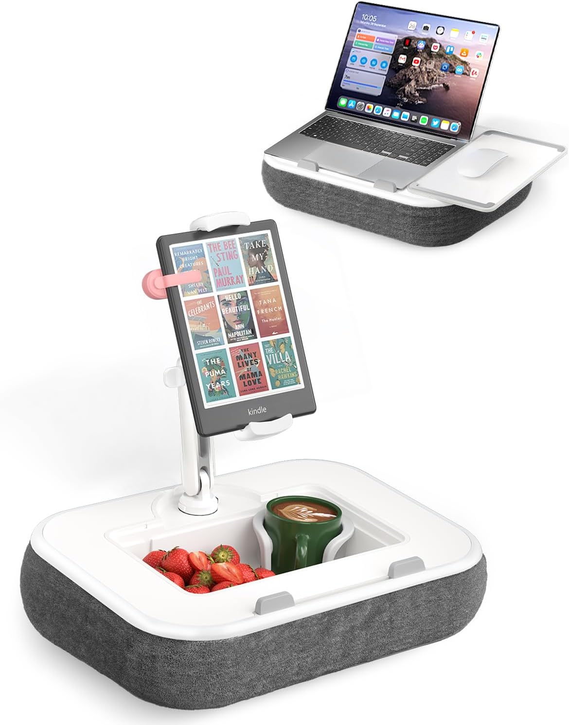 Kindle Pillow Stand with Lap Desk, Adjustable iPad Holder for Bed, 360° Swivel Tablet Arm, Laptop Desk with Mouse Pad, Snack Bowl & Cup Holder, Fits 4.7–13” Tablets & 15” Laptop